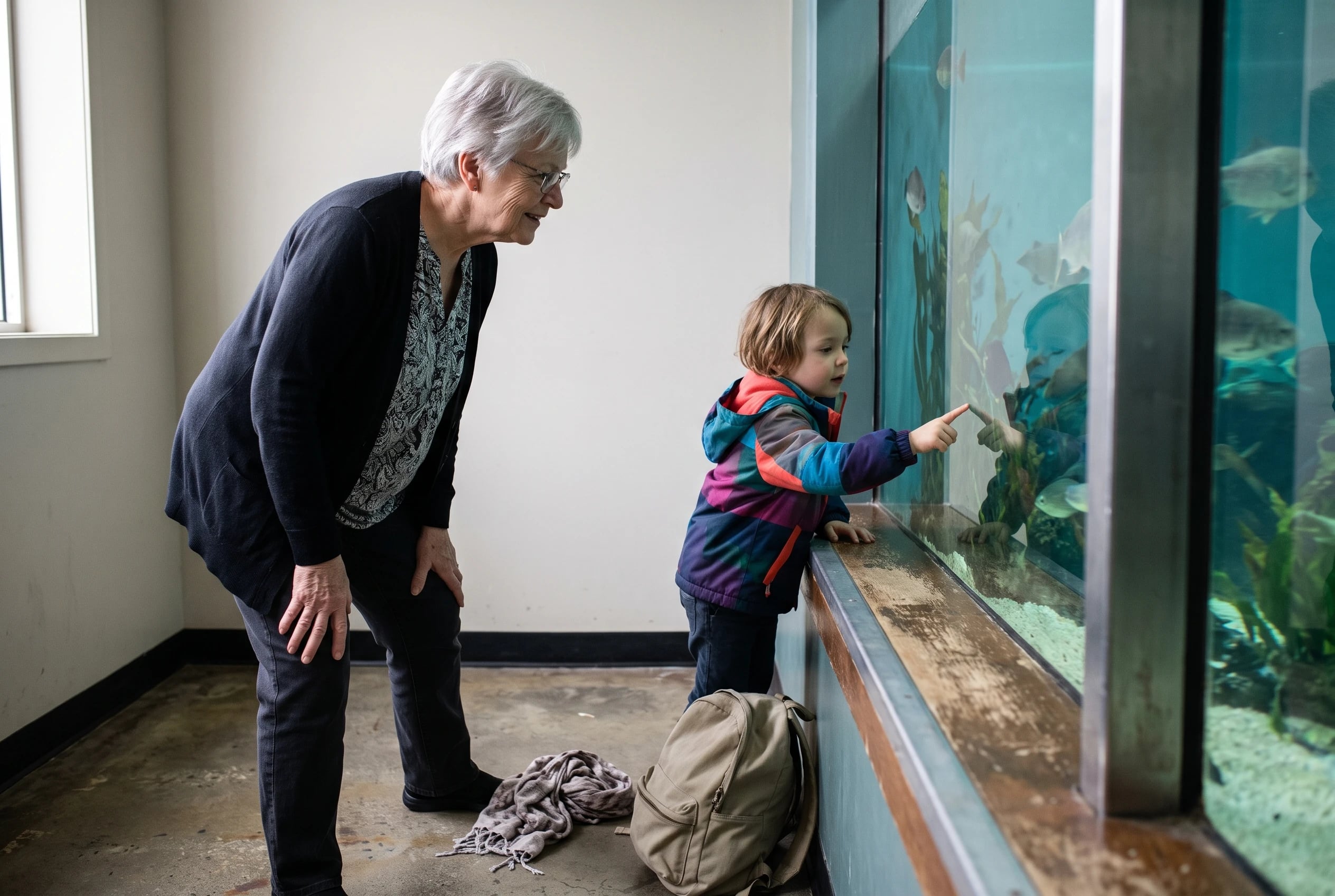 A grandmother and grandchild watch fish through a local aquarium tank.