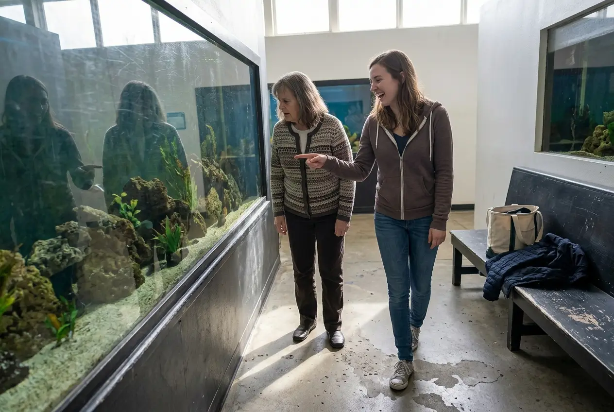 Small girl pressing her nose to the glass of an aquarium tank while her grandmother crouches beside her.