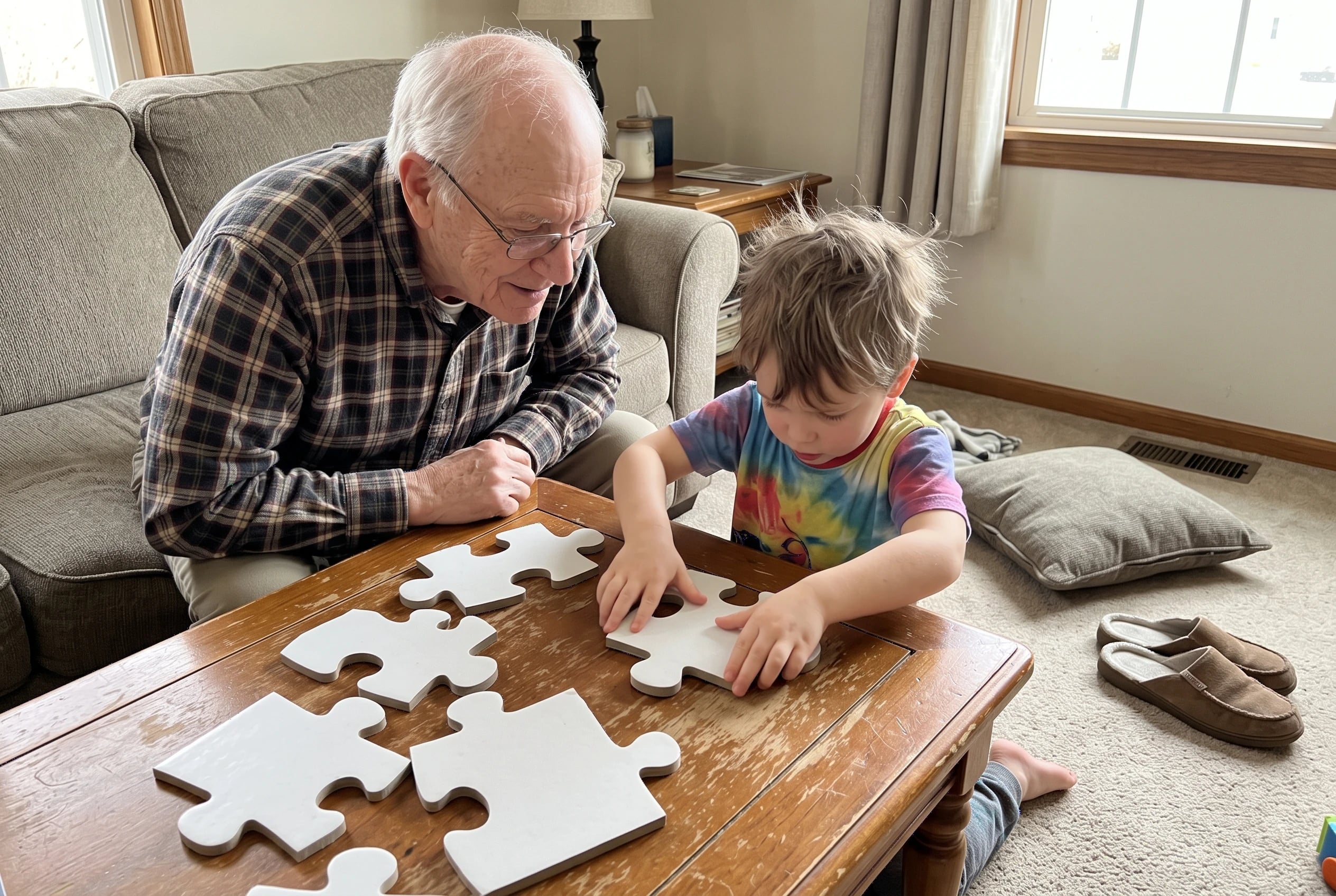A grandfather and grandchild fit large puzzle pieces together on a coffee table.