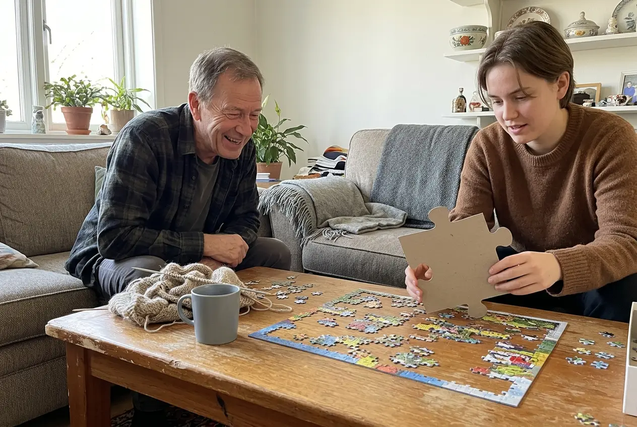 Older woman and her grandson bent over a half-finished large-piece jigsaw puzzle on a card table in a wood-paneled den.
