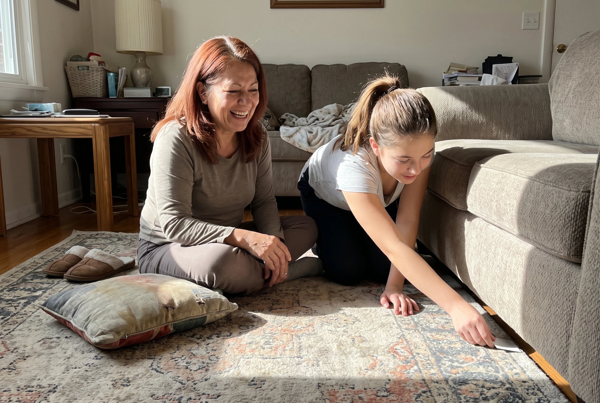 A grandmother and teenage grandchild play cards on a living room rug.