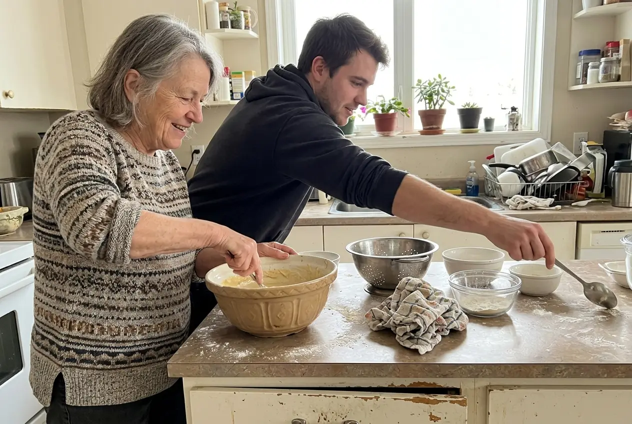 Grandmother and granddaughter in a home kitchen, the girl leveling a cup of flour with a butter knife over a mixing bowl.