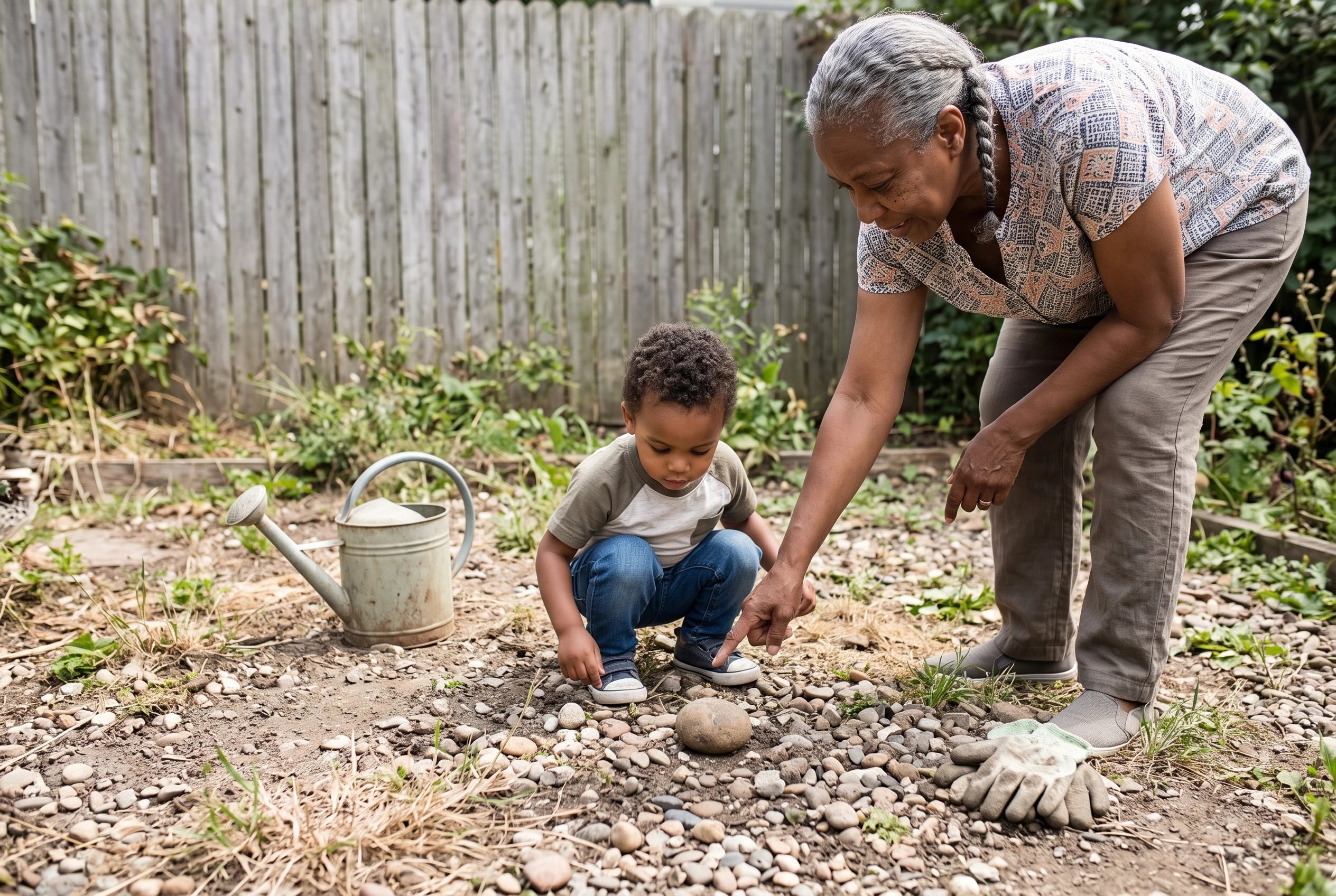 A grandmother watches her grandchild search for a round stone in the backyard.