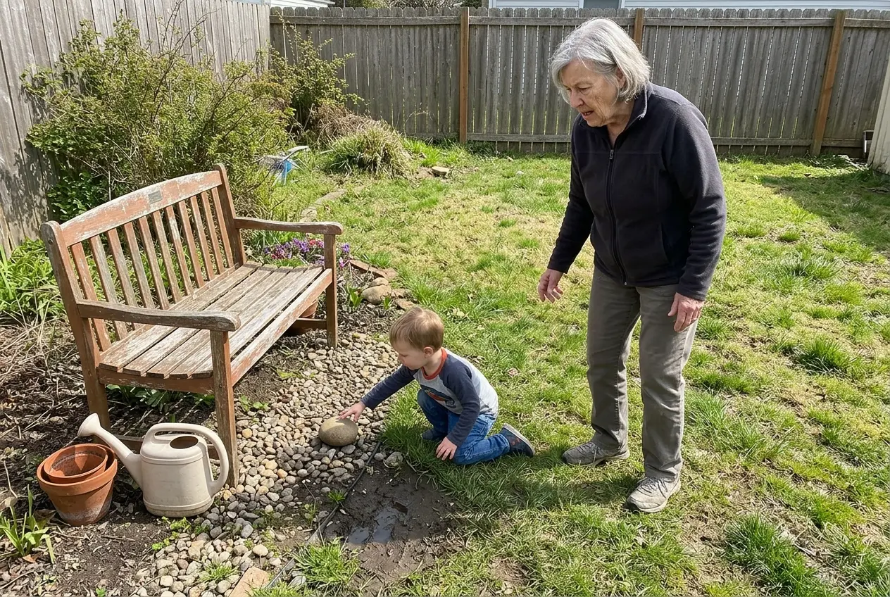 Grandmother in a lawn chair in her backyard as her grandson runs toward her holding up a wooden spoon.