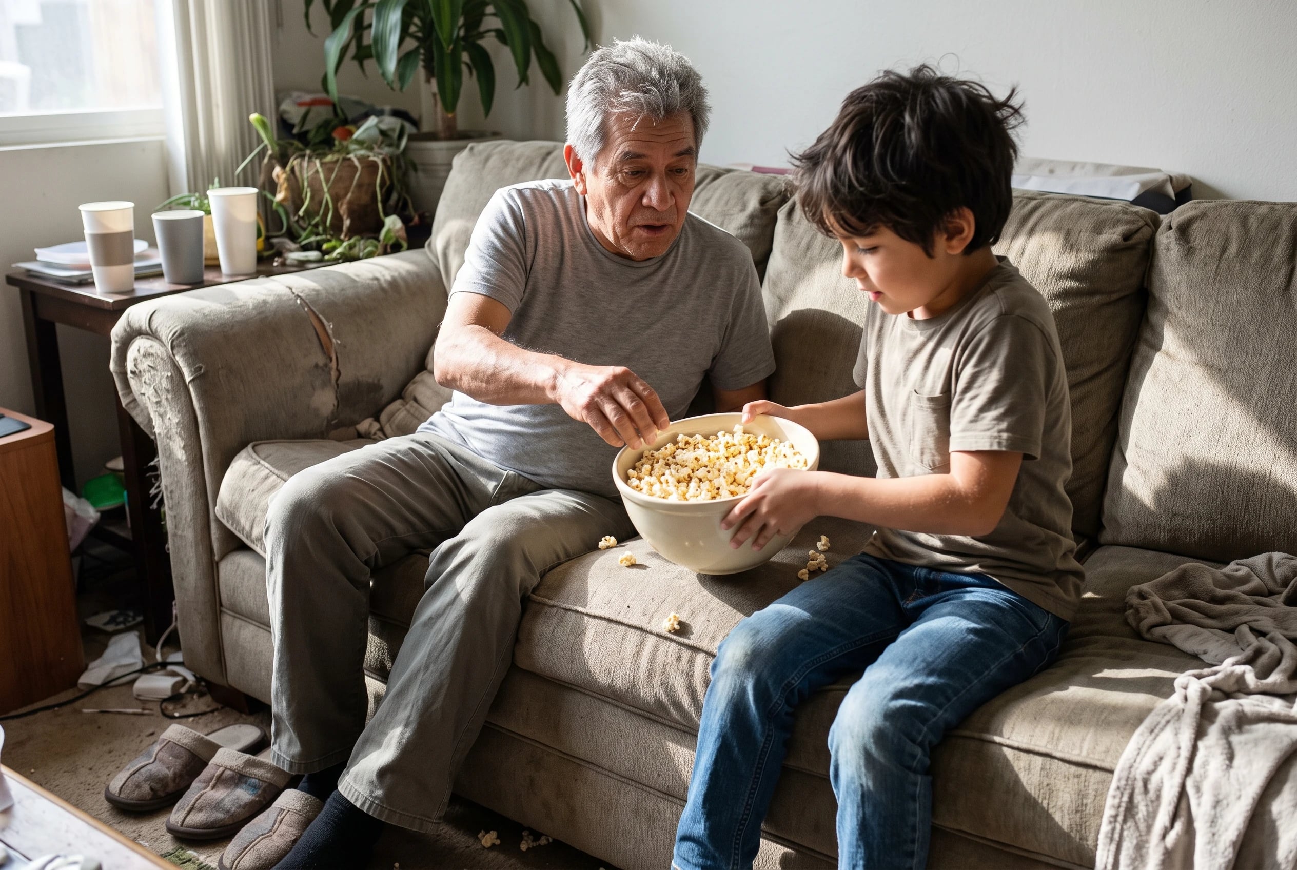 A grandfather and grandchild share a bowl of popcorn on a living room sofa.