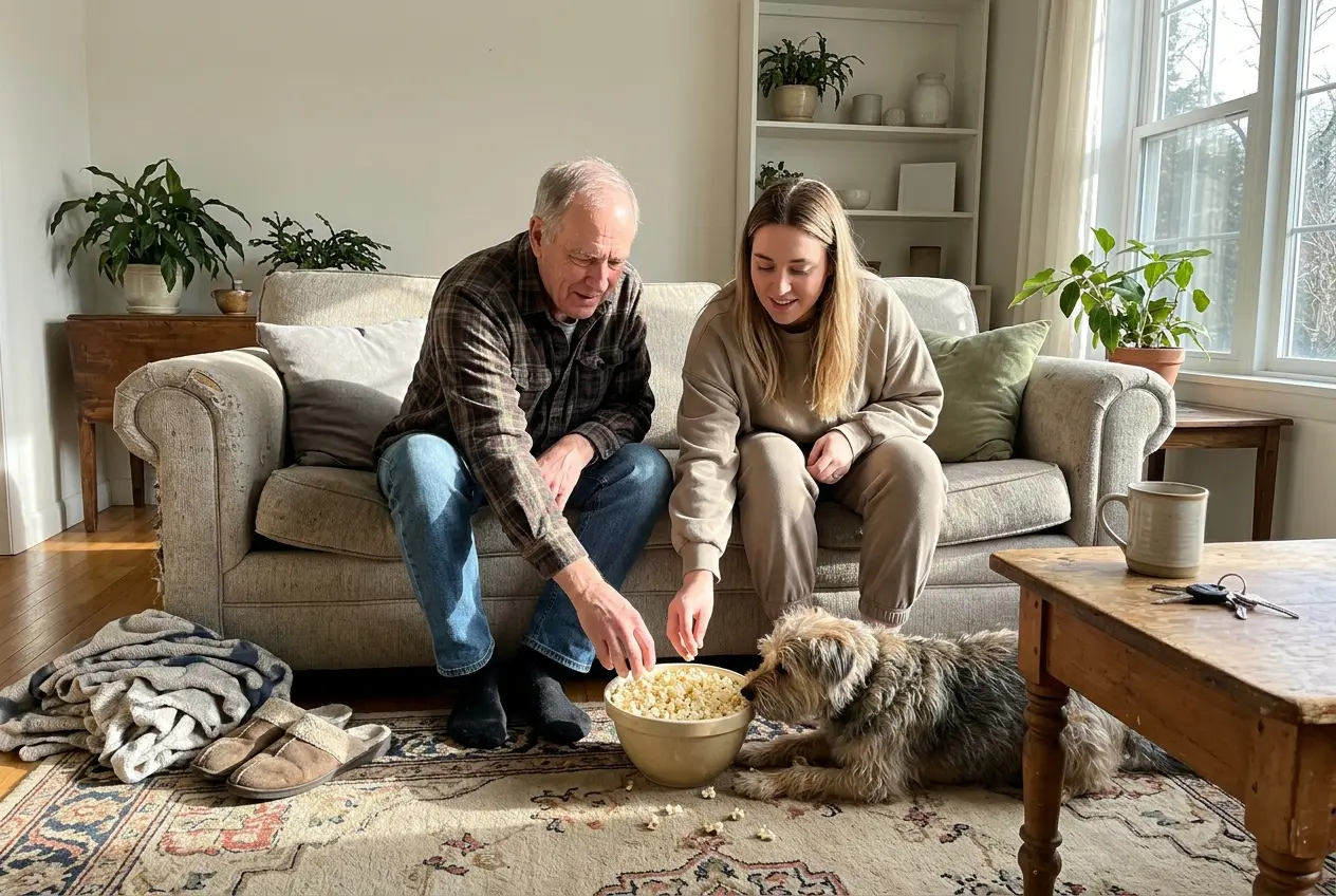 Grandfather and two grandchildren under a blanket on a couch sharing a bowl of popcorn in a curtained living room.