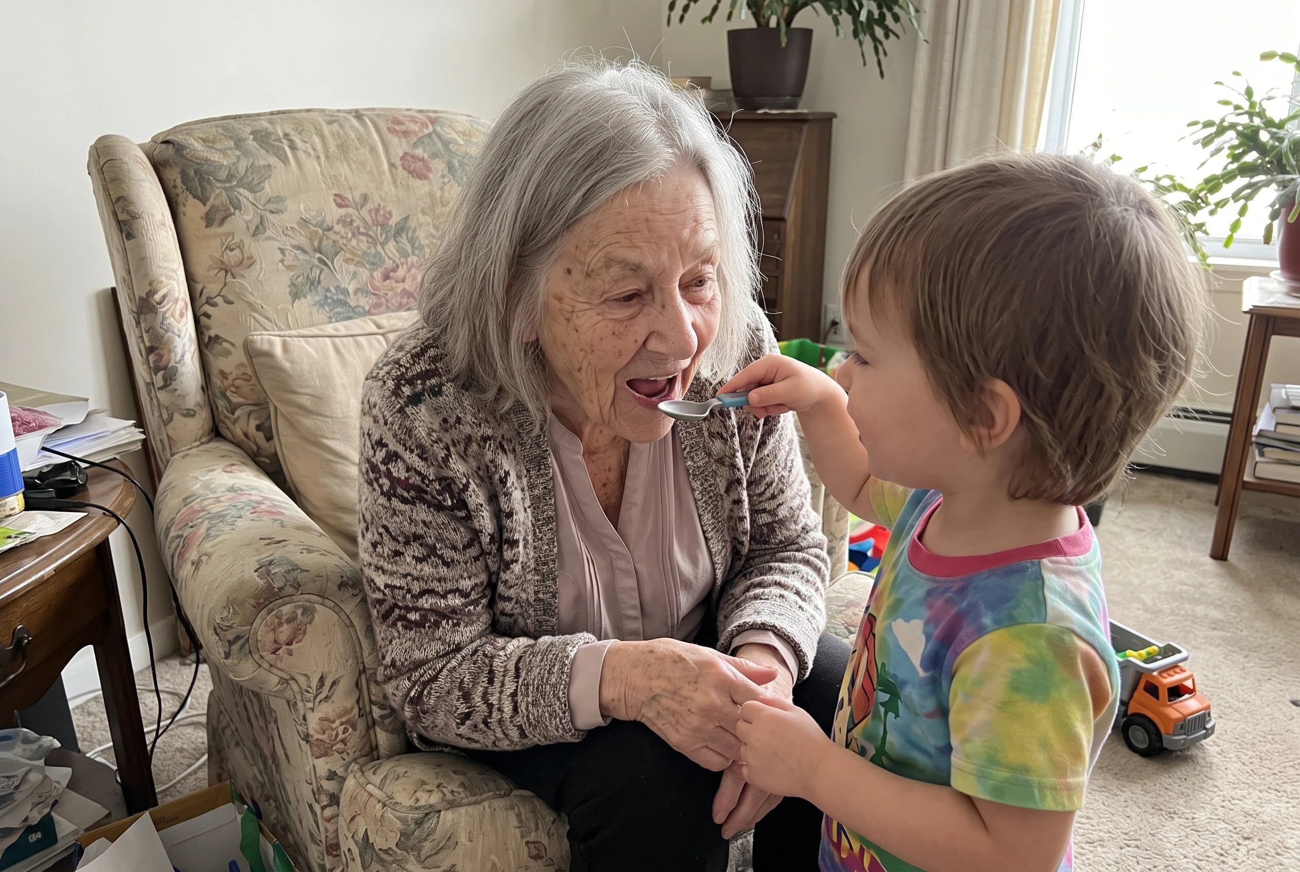 A grandmother sits in an armchair while her grandchild serves pretend soup.