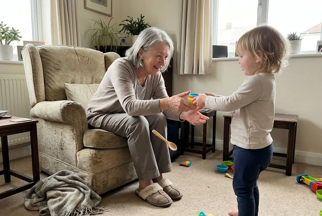 Grandmother lying on a couch while her four-year-old granddaughter listens to her chest with a toy stethoscope.