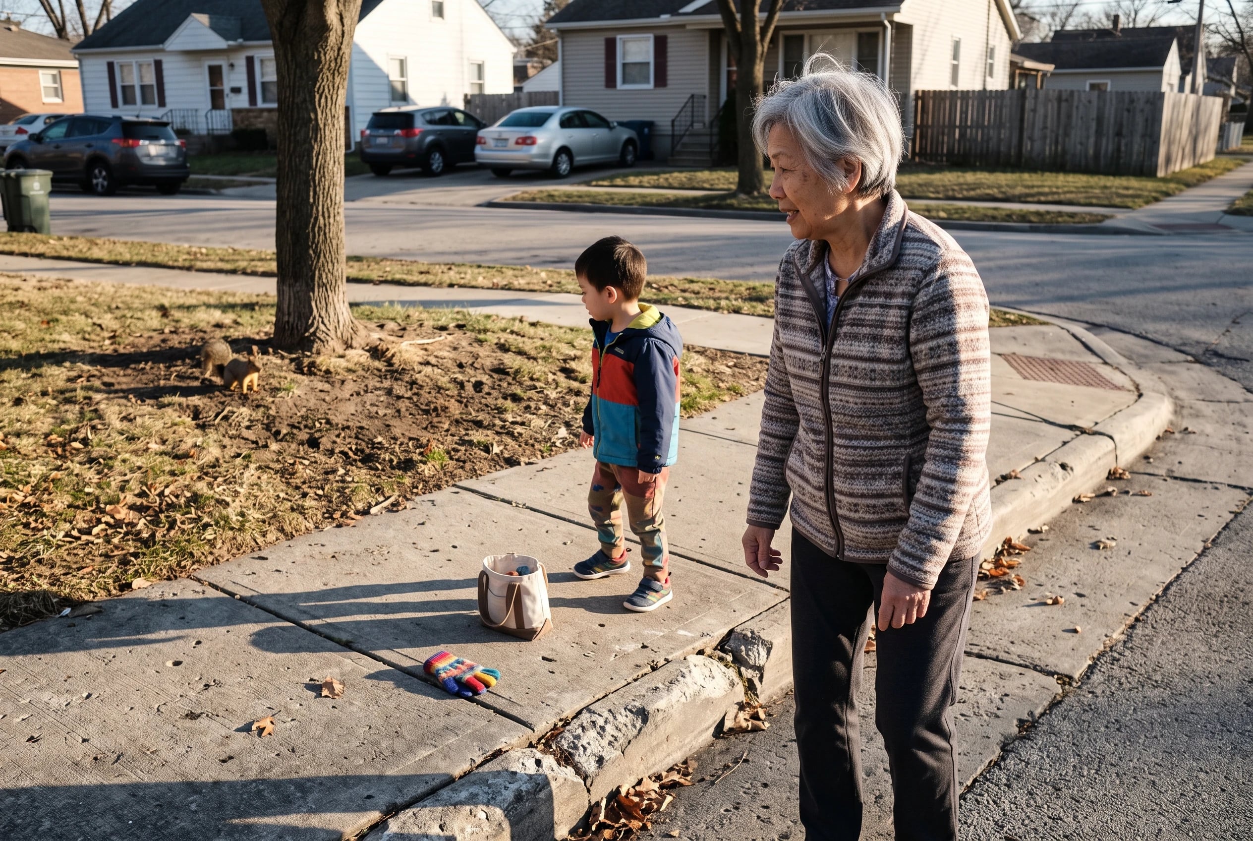 A grandmother and grandchild walk together on a neighborhood sidewalk.