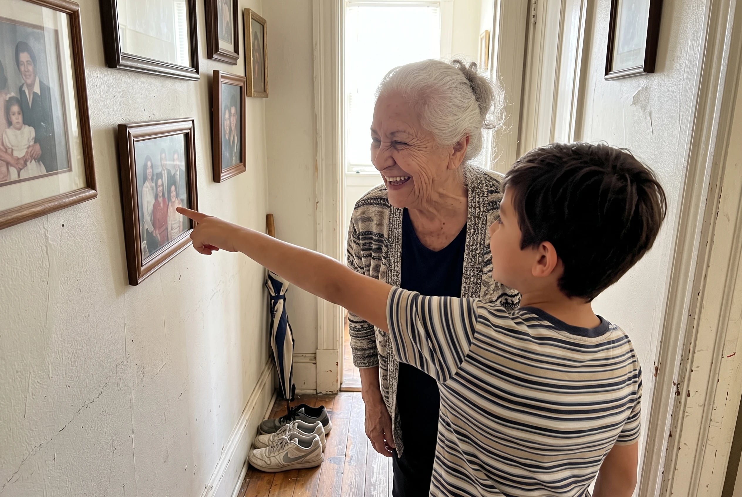 A grandmother and grandchild talk beside family portraits in a hallway.