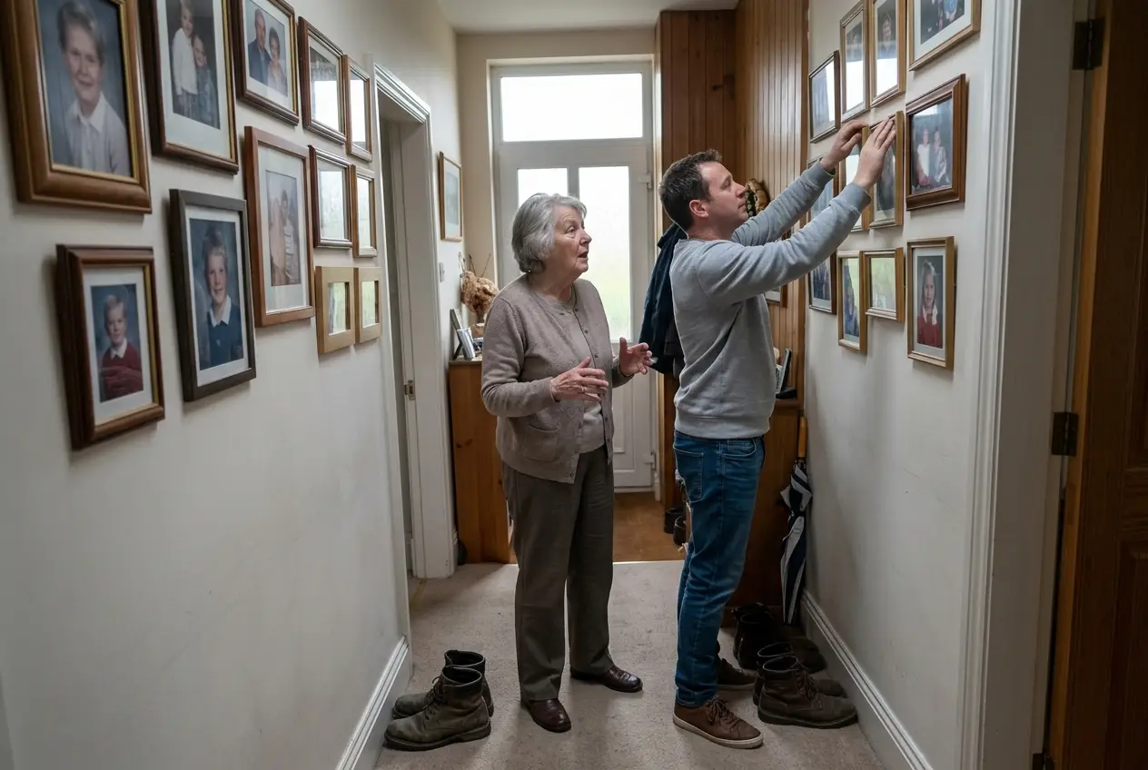 Grandmother and grandson pinning a hand-drawn family tree poster with colored-pencil leaves to a hallway wall.