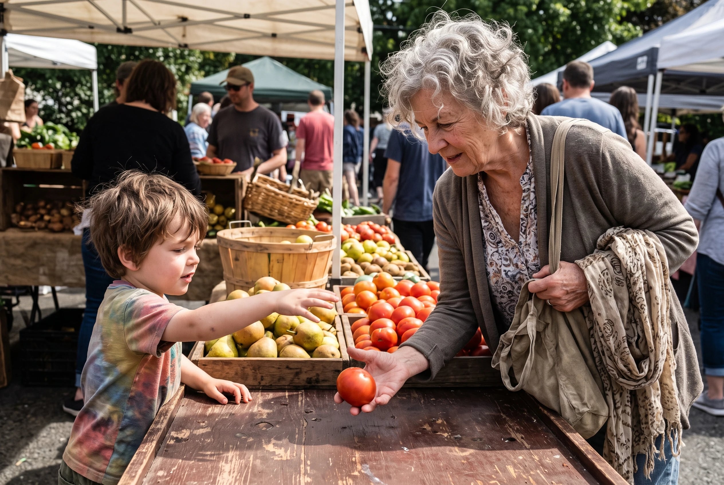 A grandmother and grandchild select produce at an outdoor farmers market stall.