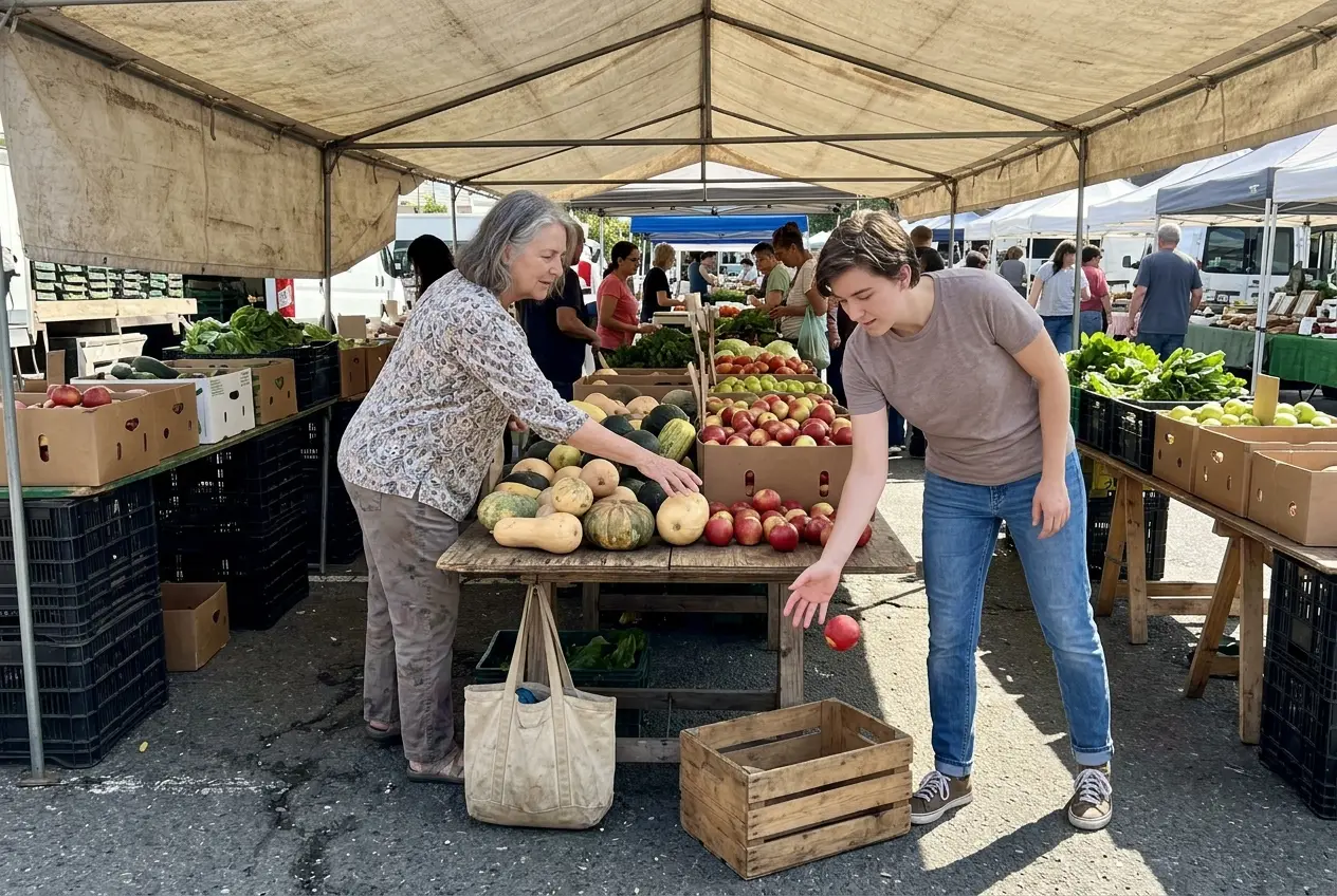 Granddaughter handing a farmer a few dollars for a purple vegetable at a market stall while her grandmother holds a canvas bag.