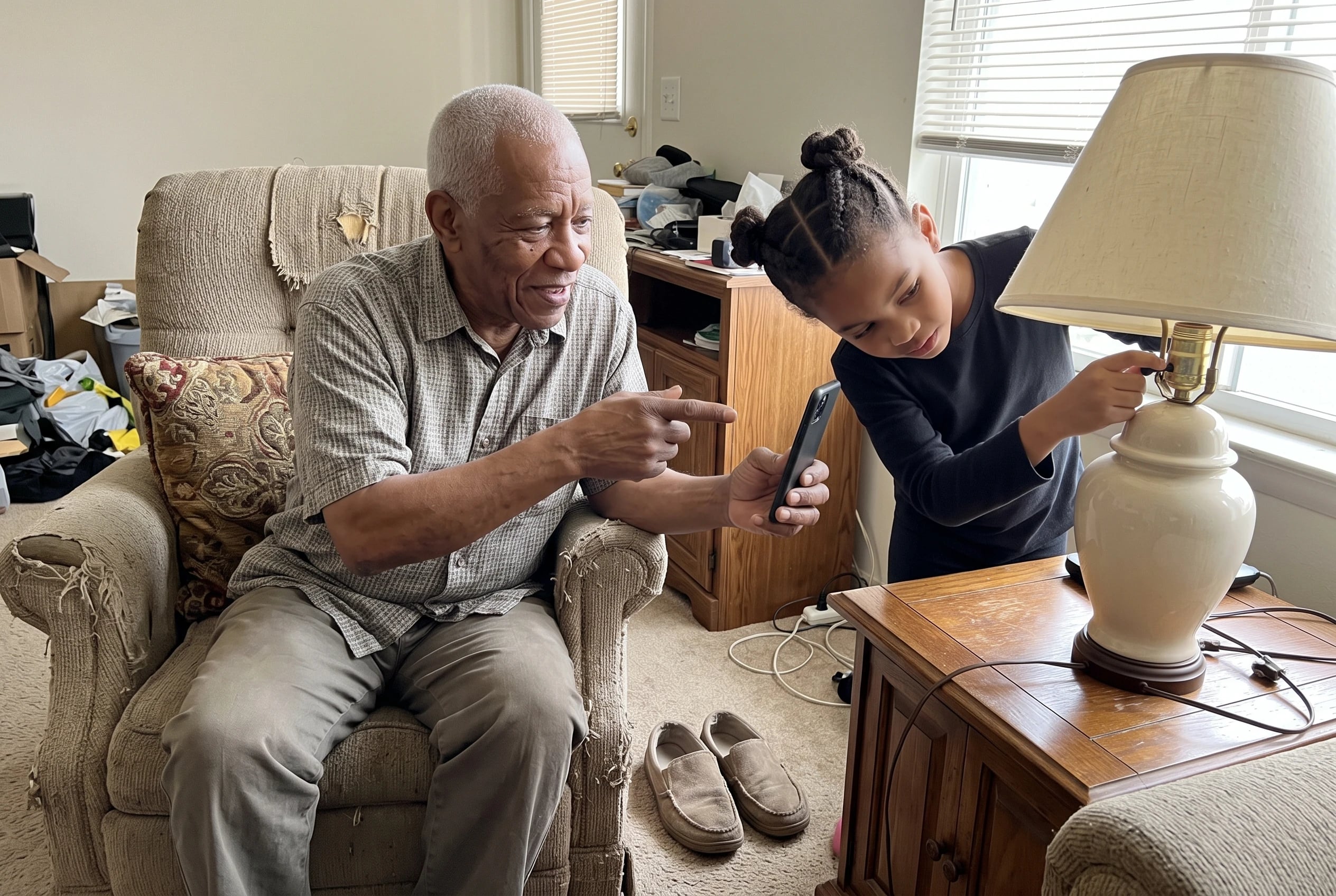 A grandfather points toward a lamp during a video call from his armchair.