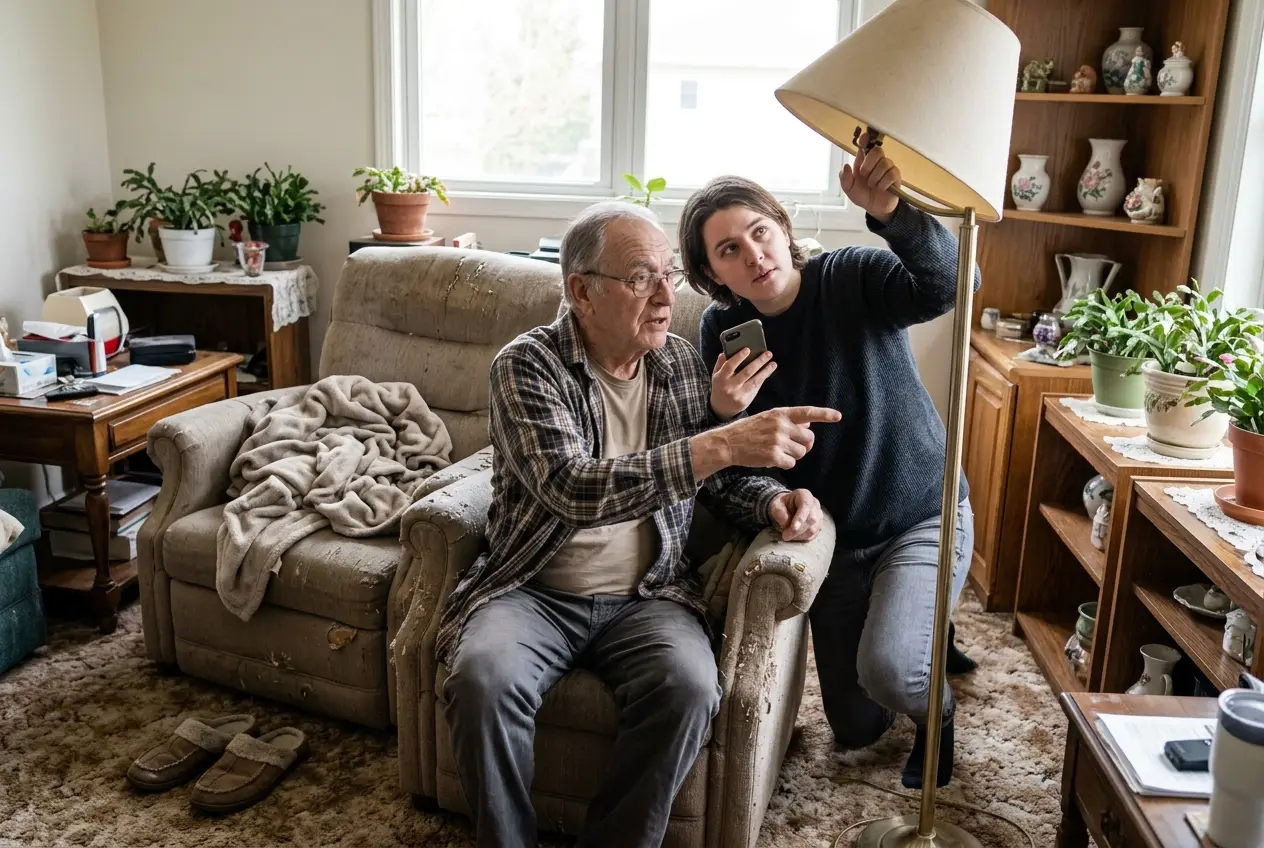 Grandfather in a recliner laughing at a video call as a child's face fills the phone screen up close.