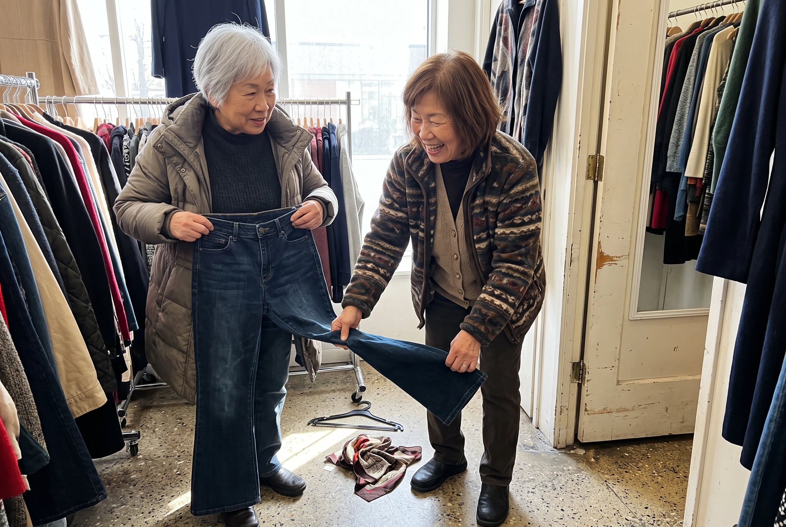 A woman holds a pair of bell-bottoms against herself in a clothing shop.