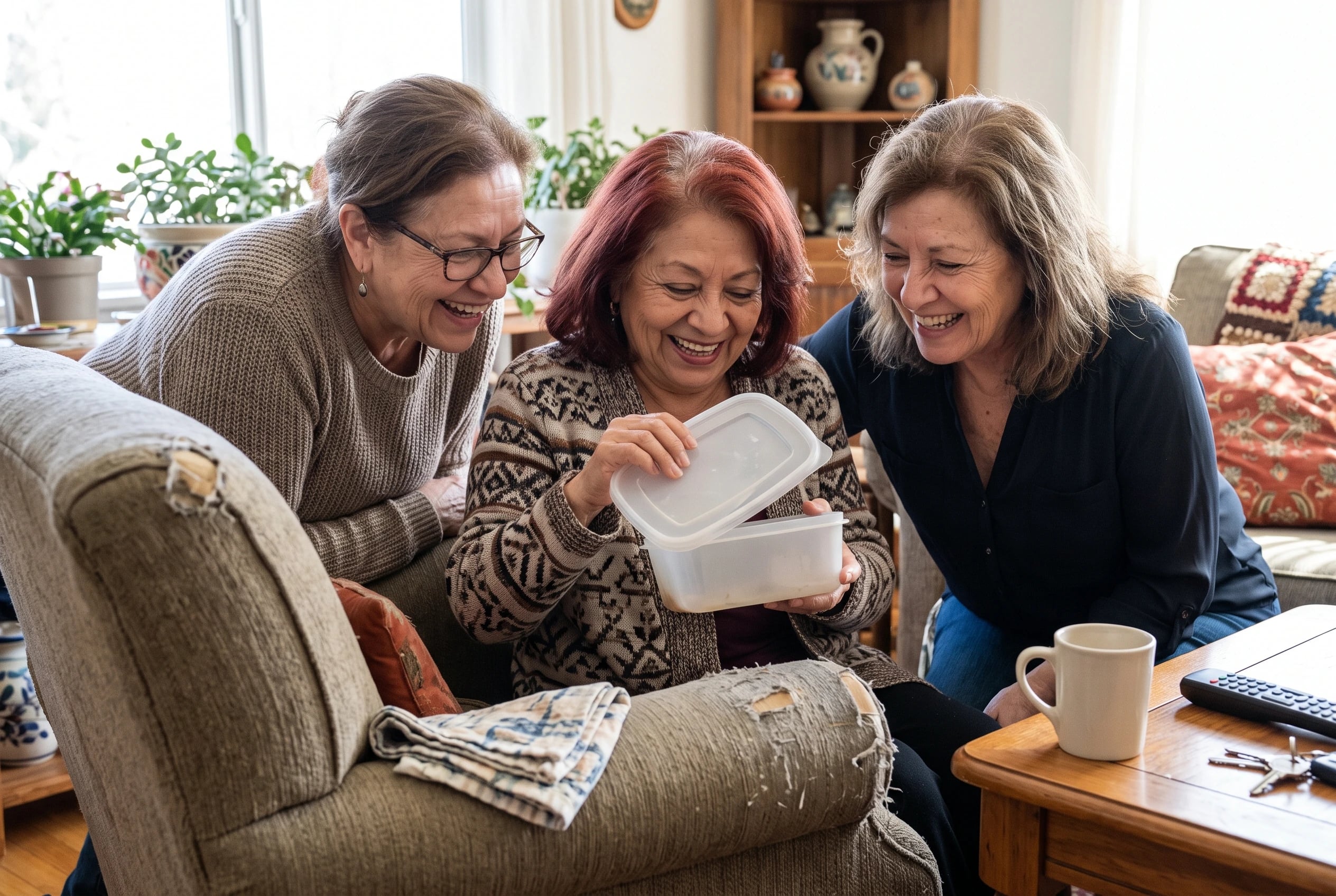 A woman shows a plastic container to guests in her living room.