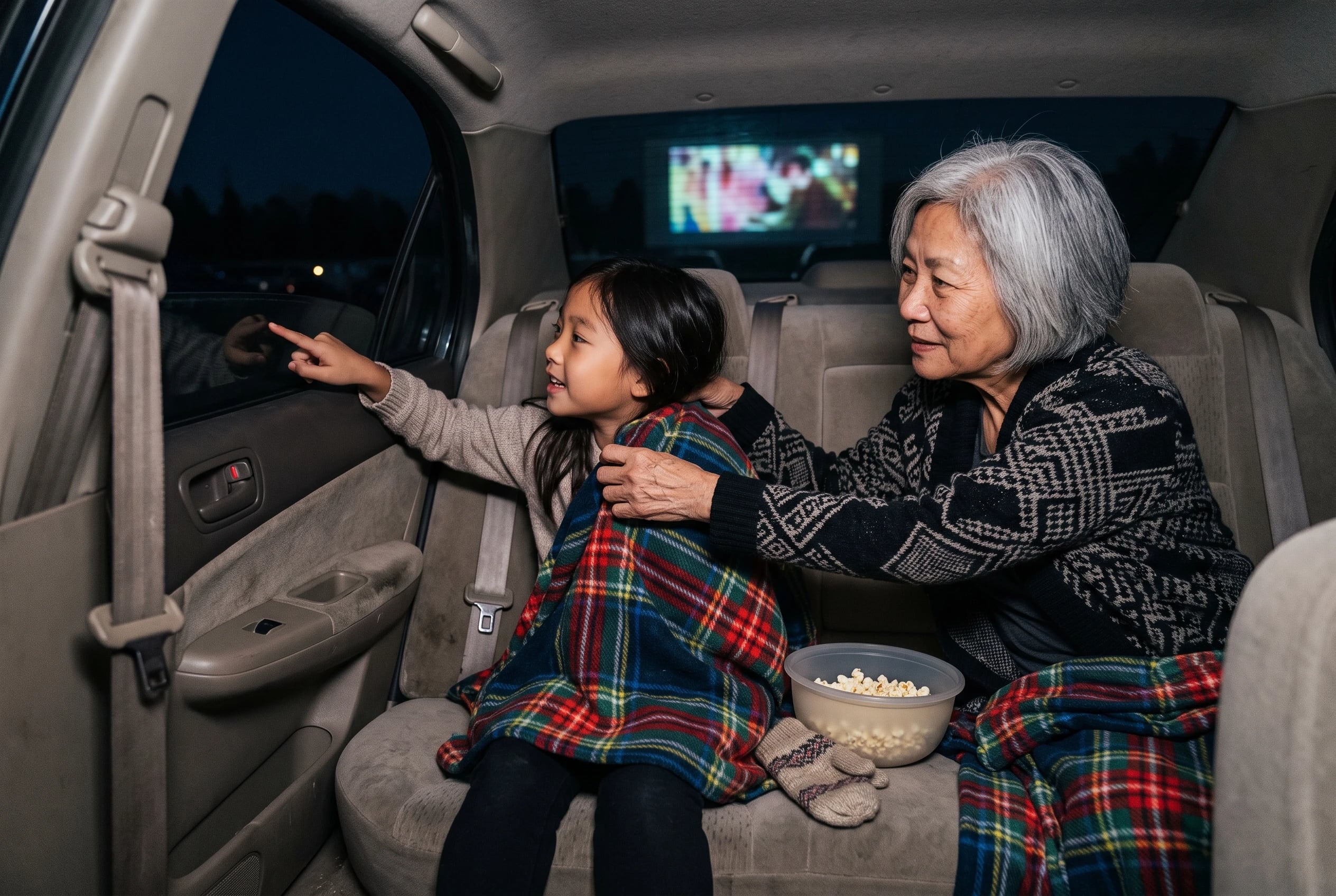 A child looks through a car window at a drive-in movie screen.