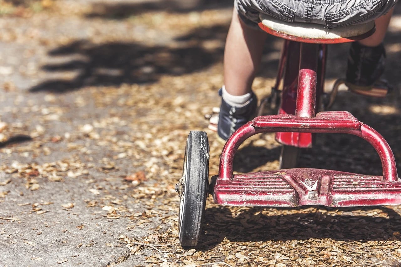 Child riding a vintage red metal tricycle on a leaf-strewn path in dappled sunlight