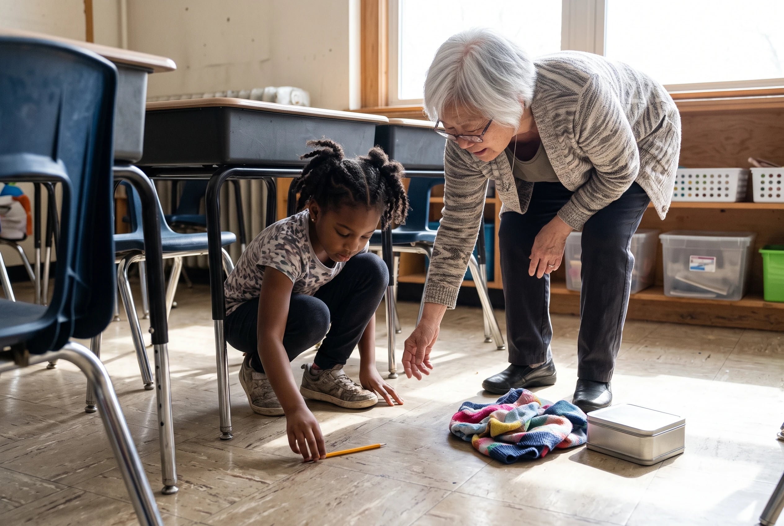 A schoolchild crouches beneath a desk in a classroom.