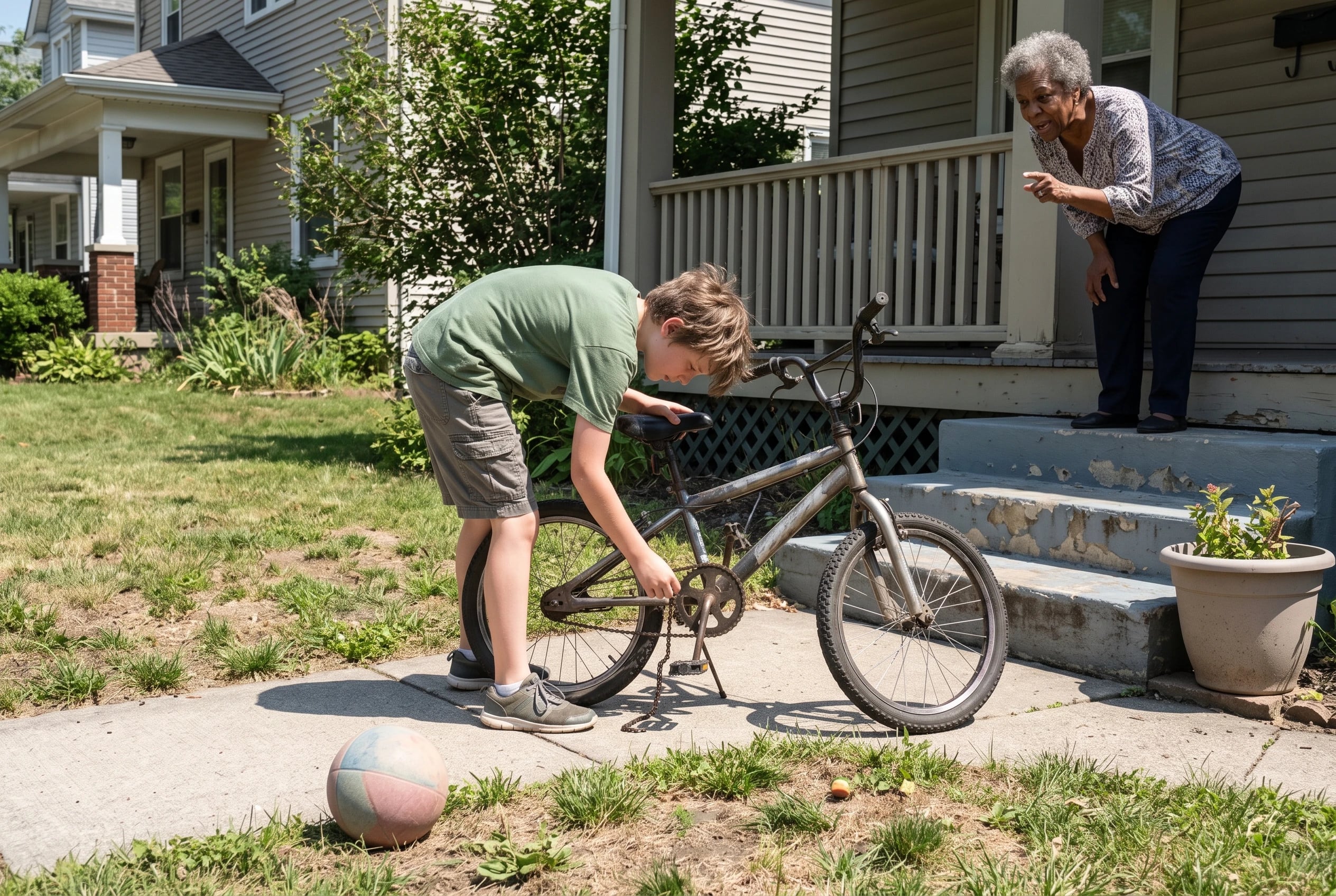 A child leans over a bicycle on a neighborhood sidewalk while a woman watches from her porch.