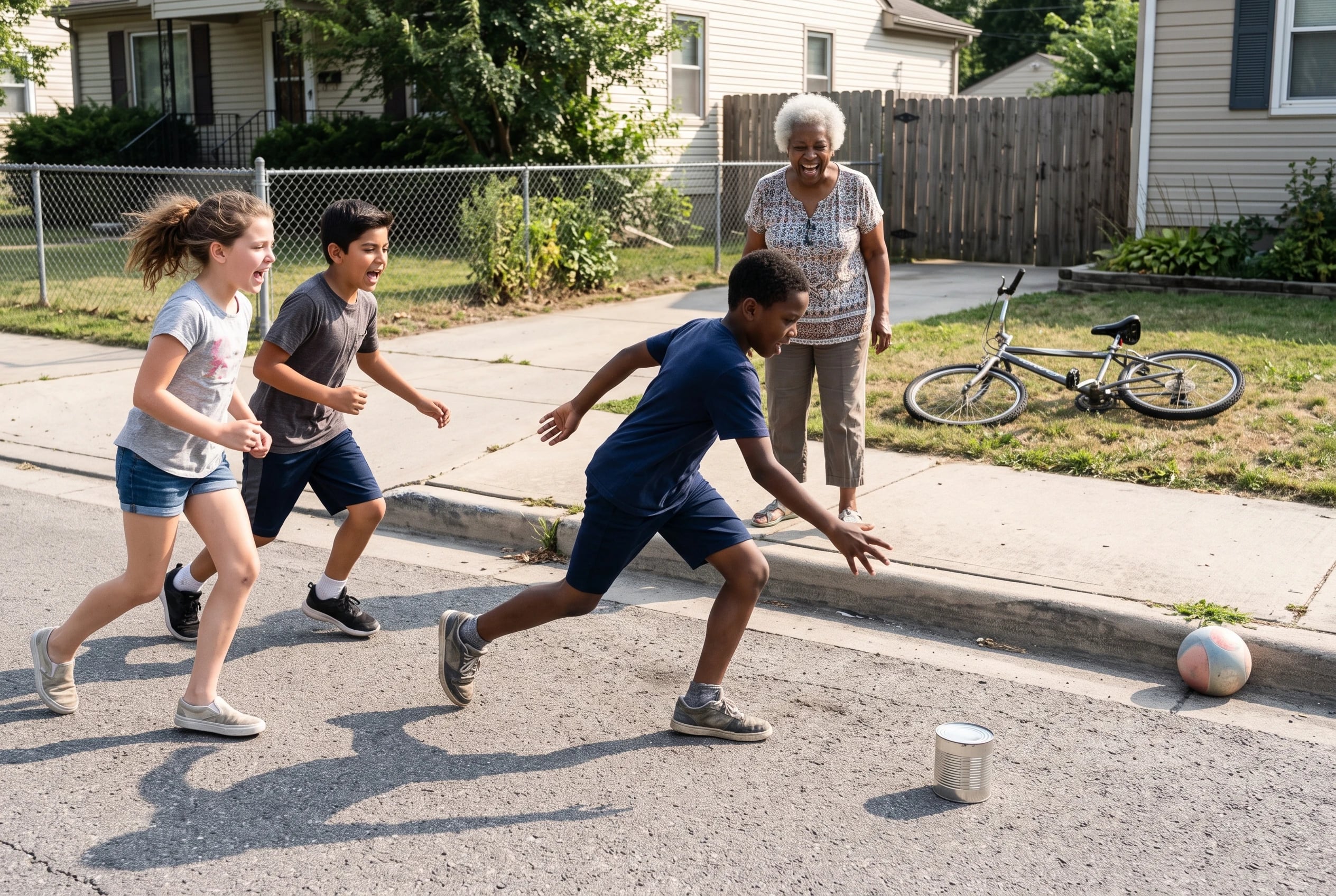 A group of children plays kick the can on a residential street.