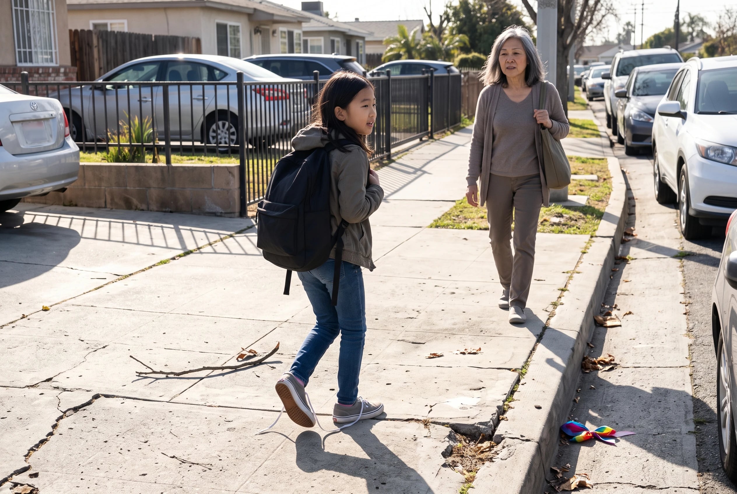 A child walks home from school along a neighborhood sidewalk.