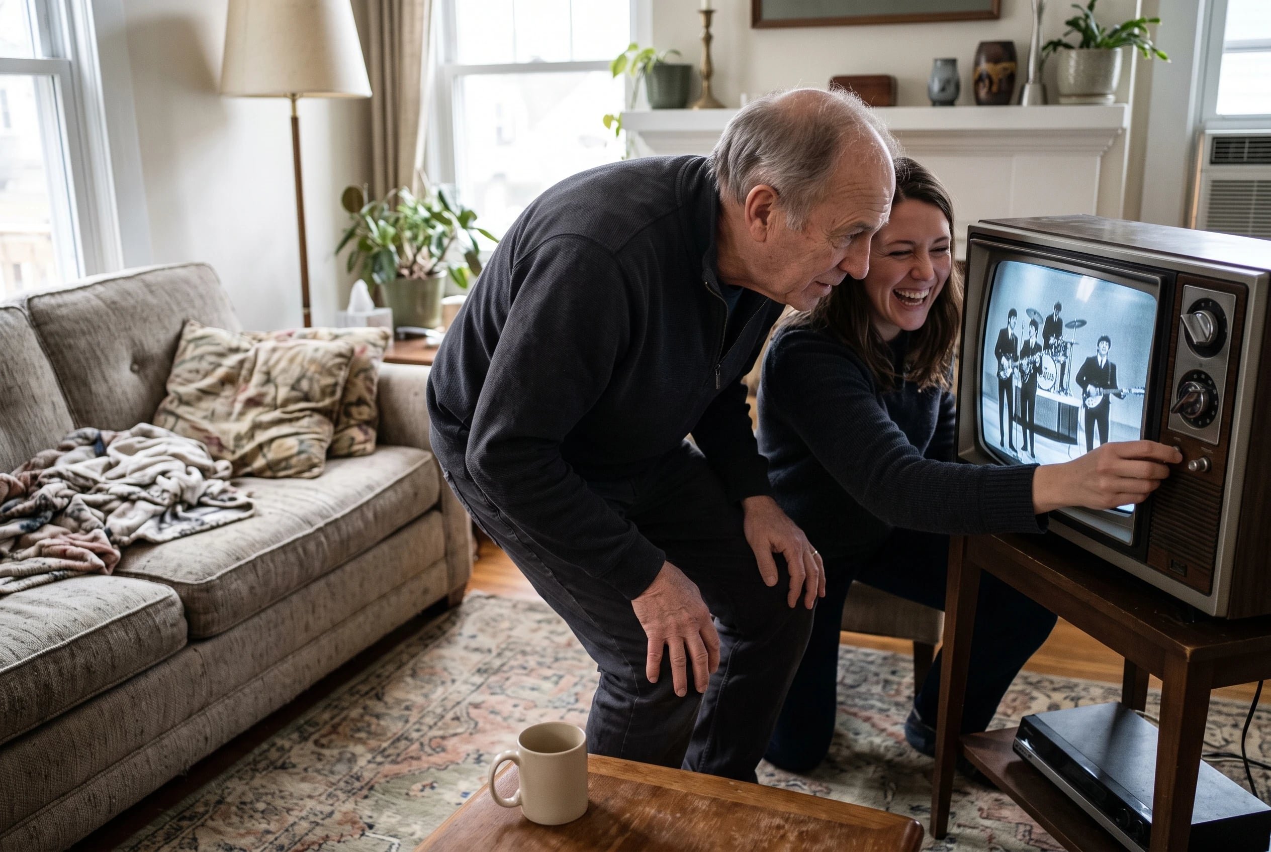 A father and daughter watch The Beatles on a living-room television.