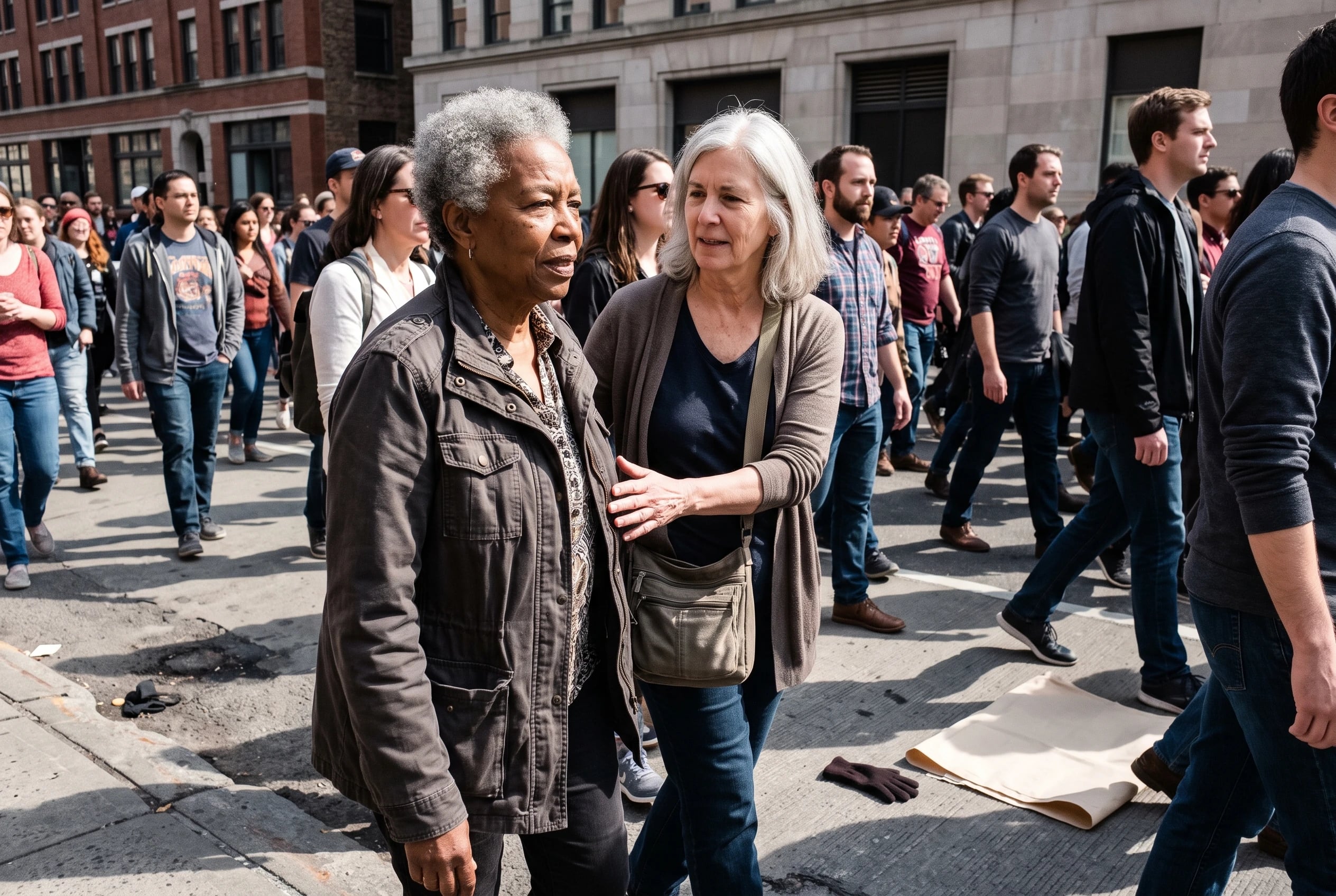 A woman walks with others in a civil rights march on a city street.