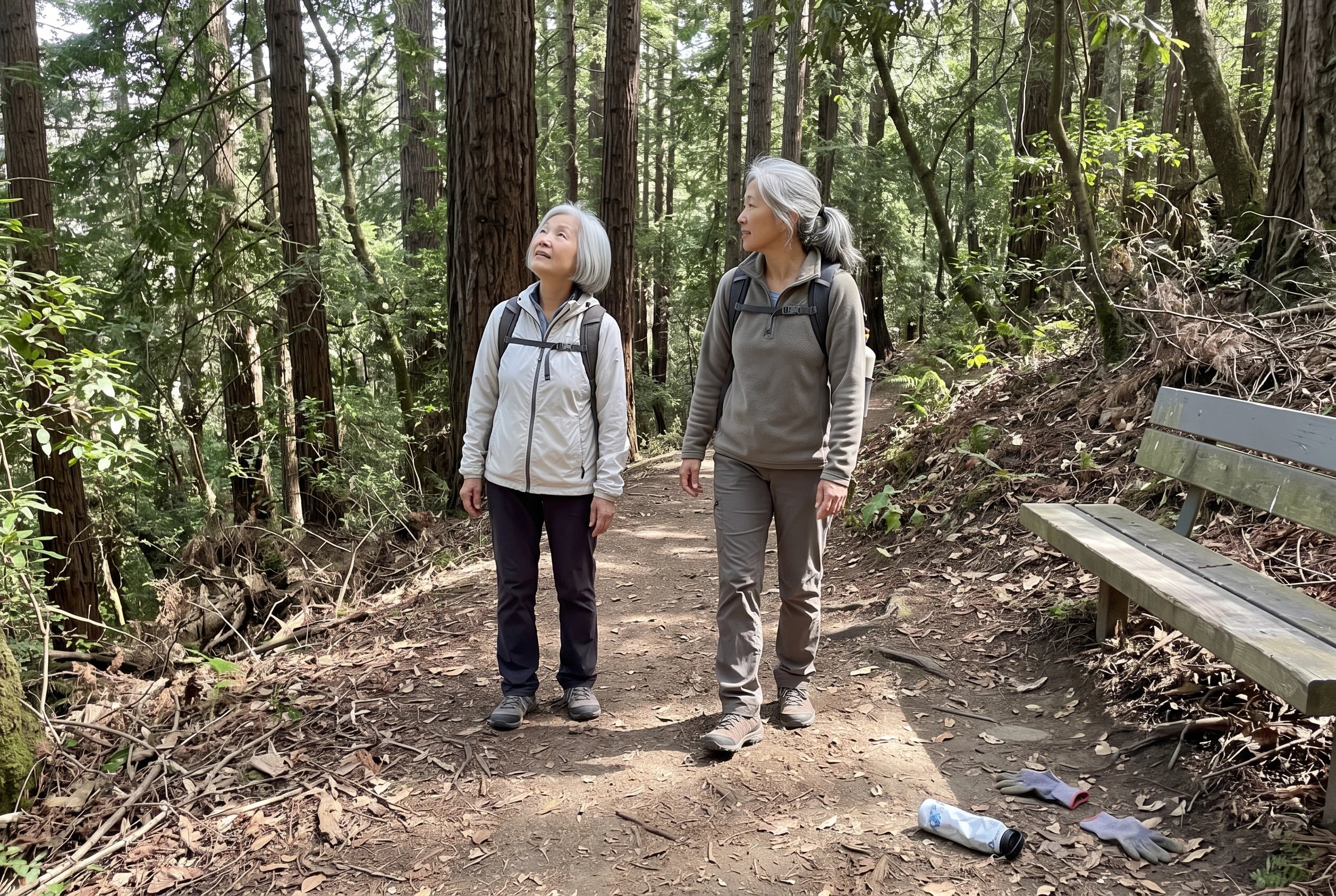 A woman stops to look up at tall trees on an unfamiliar trail.