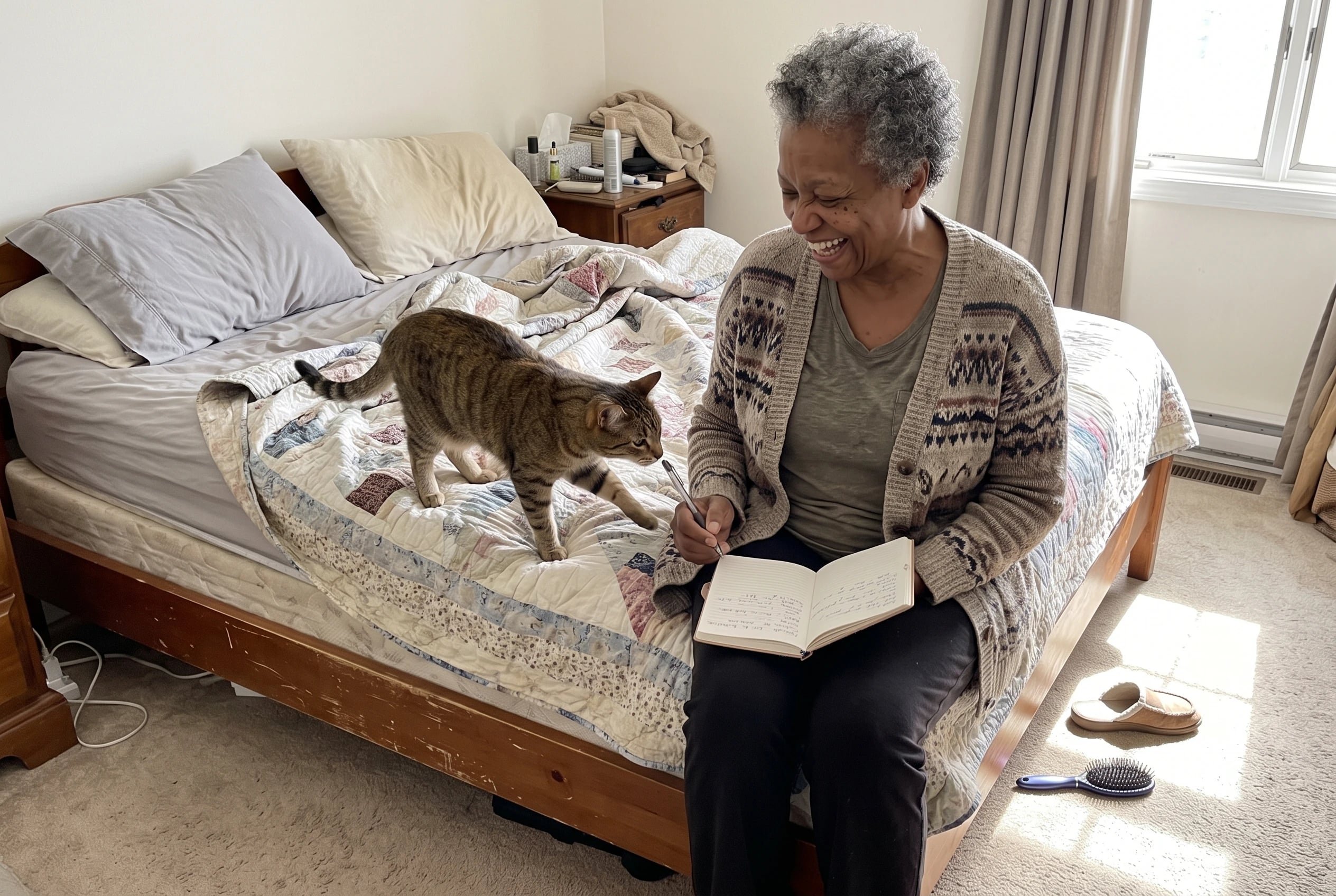 An older woman writes in a small journal while sitting on her bed.