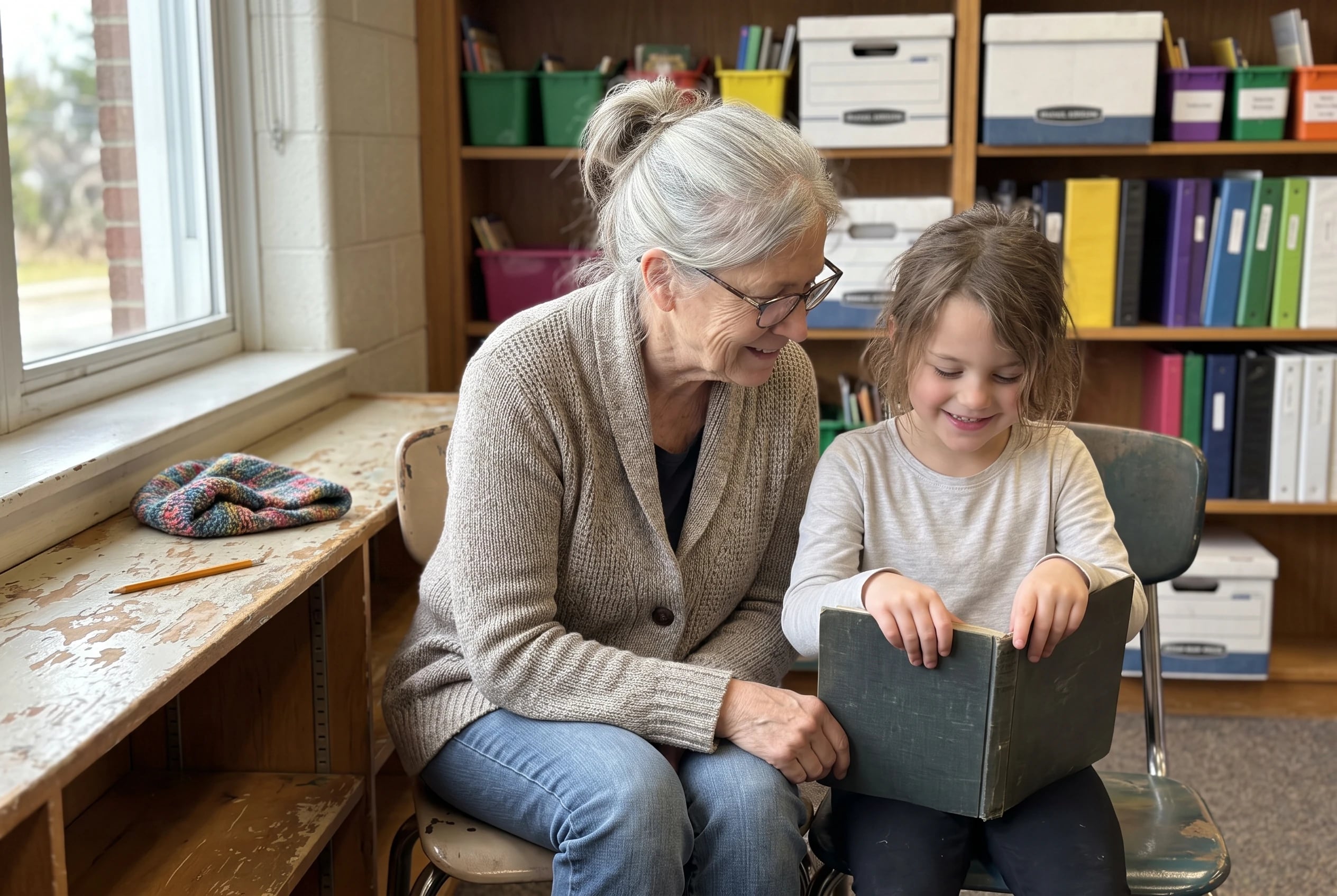A woman helps a student practice reading in a school library.
