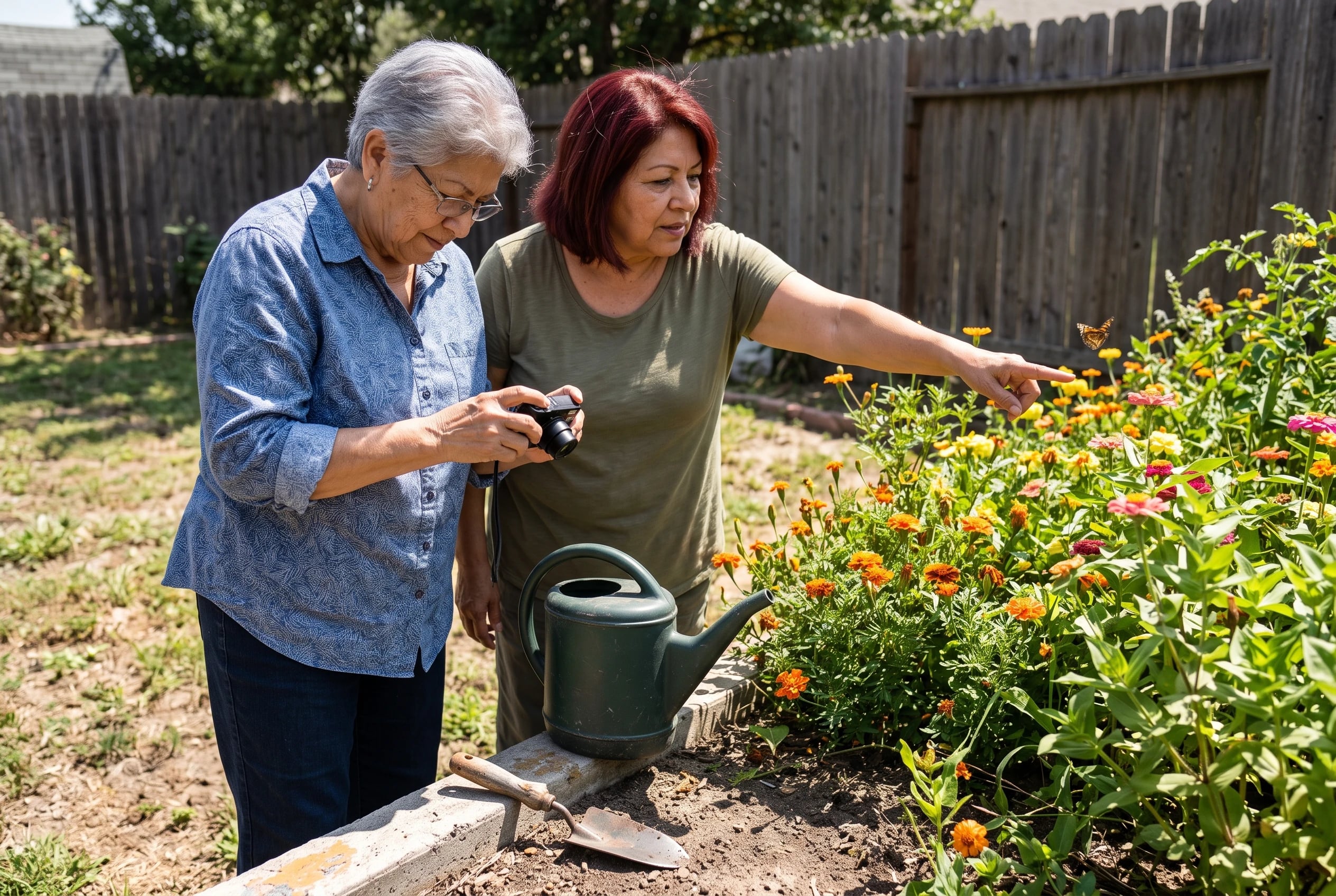 An older woman adjusts a camera beside a flower bed.