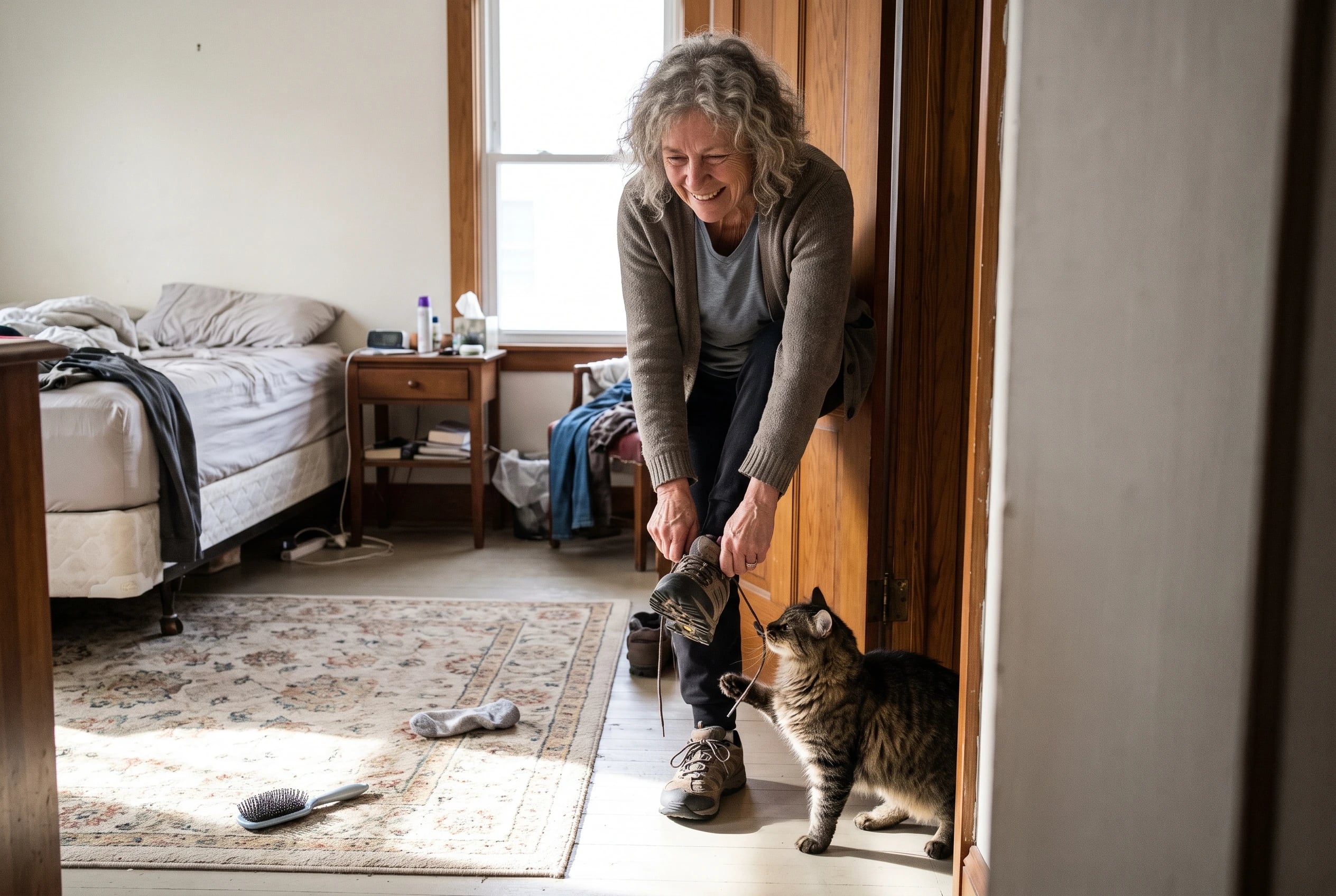 A woman puts on walking shoes beside her bedroom doorway.