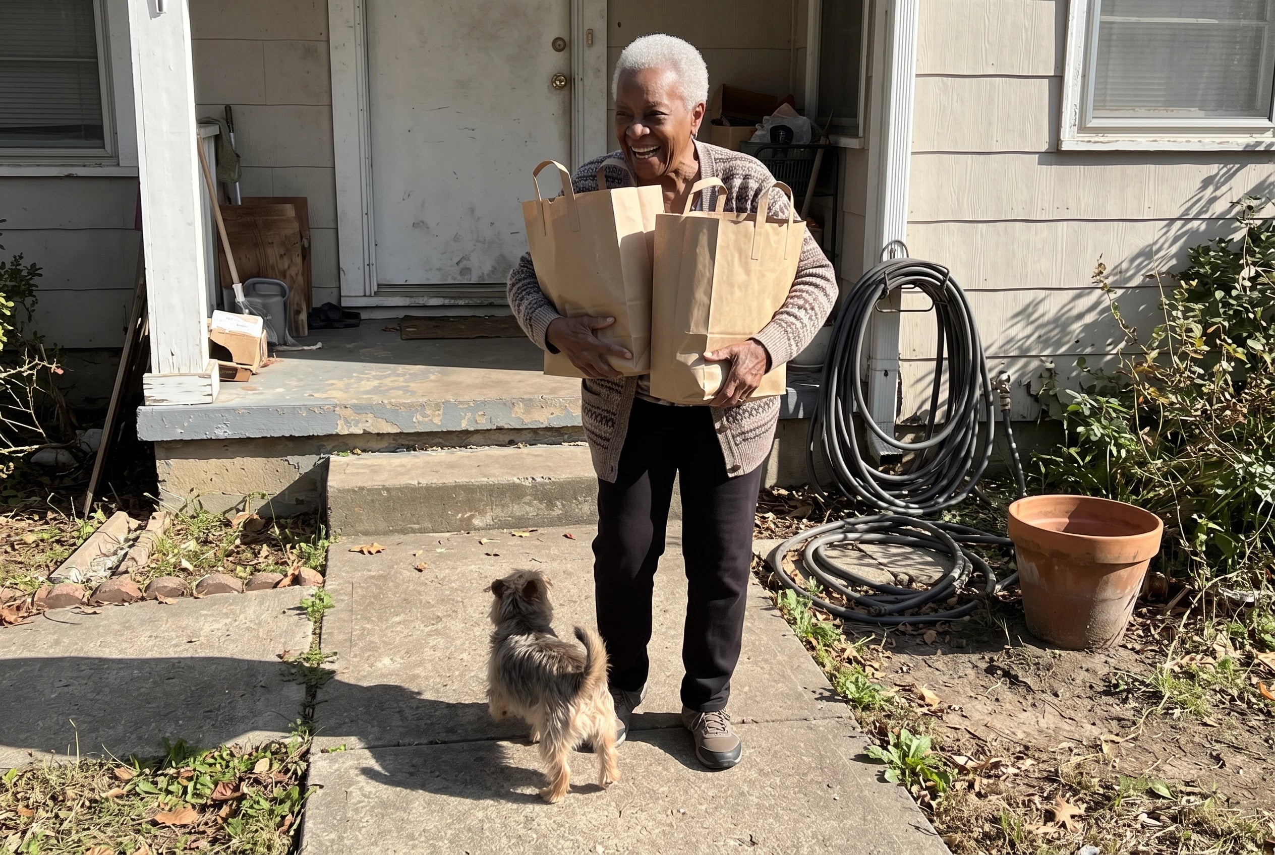An older woman carries groceries up the path to her own front door.