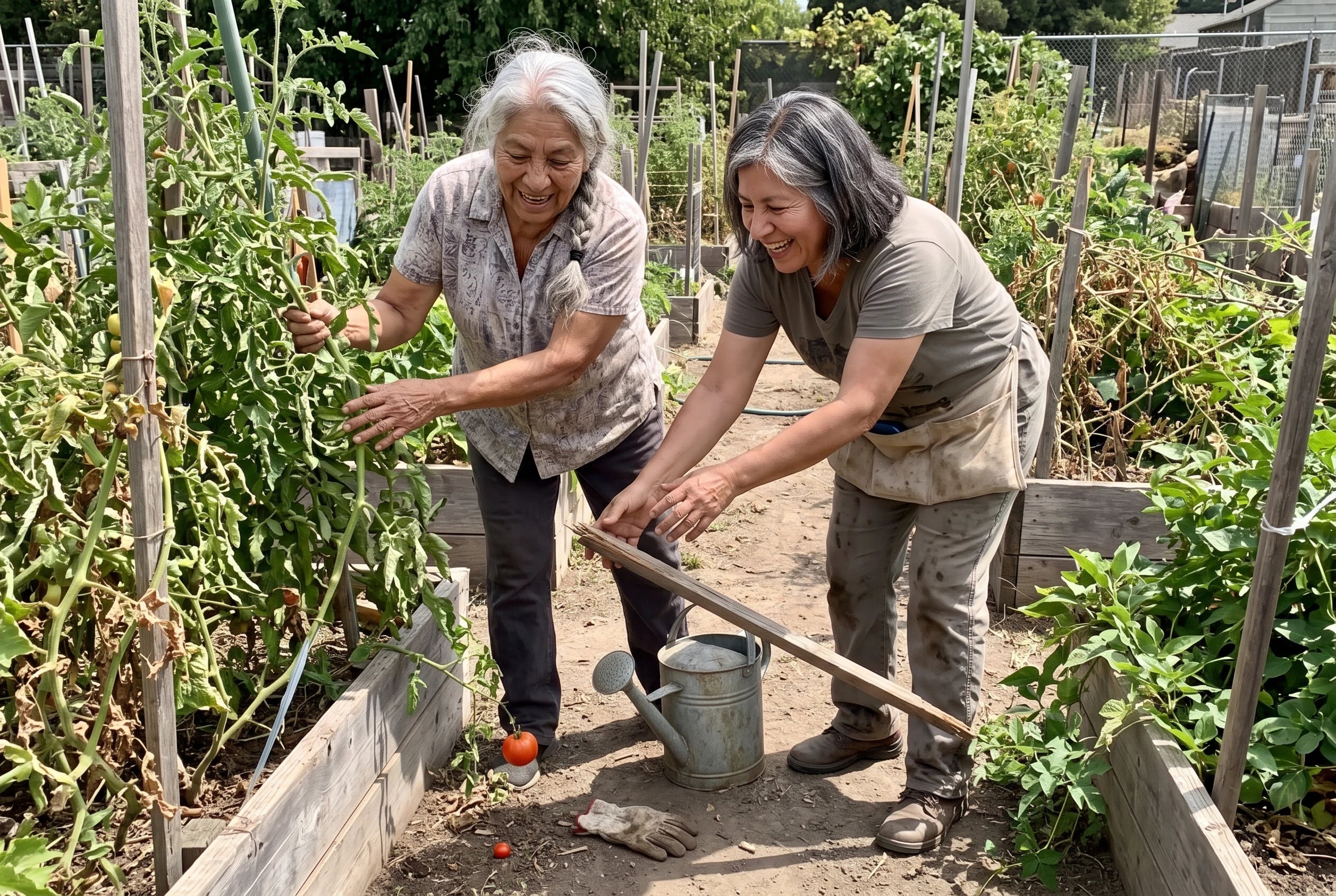 A woman tends tomato plants in a community garden.