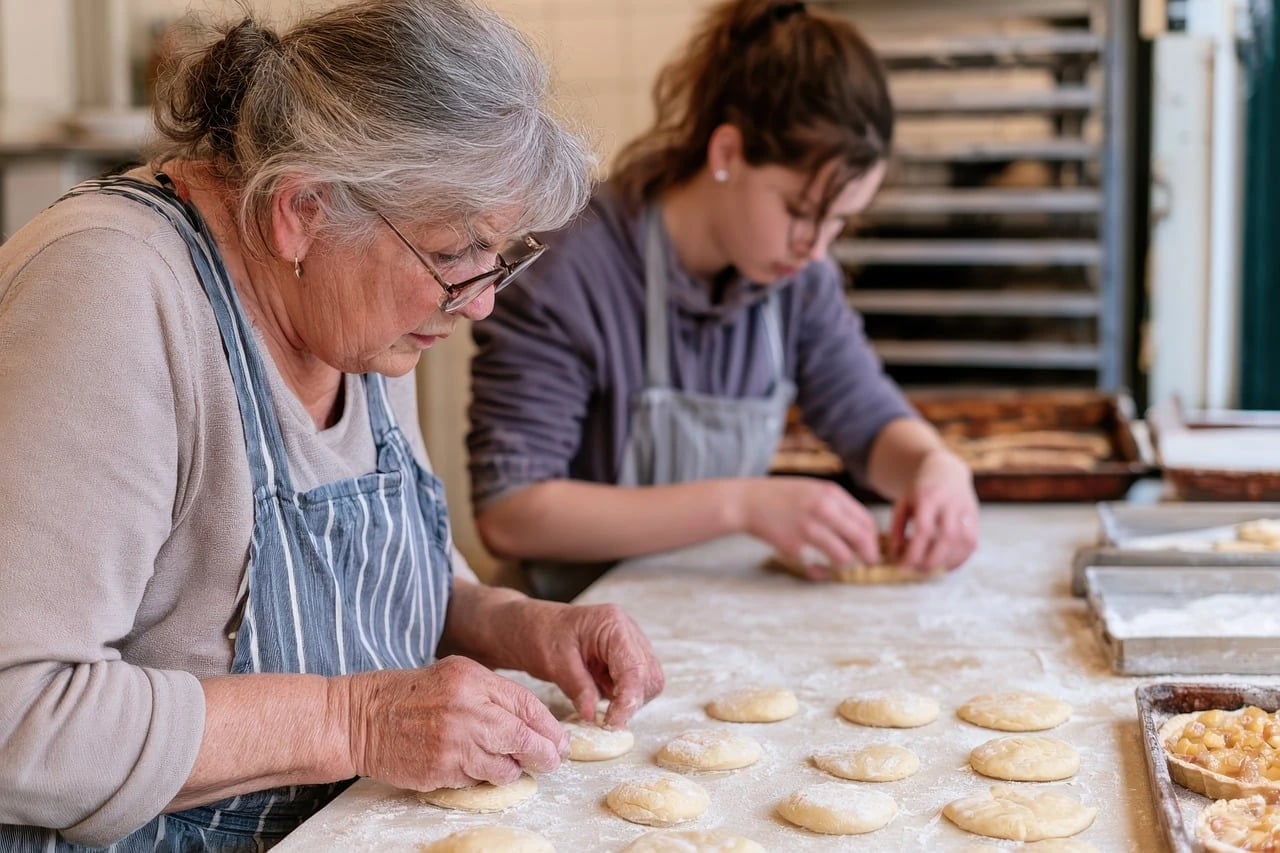 Older woman in striped apron shaping pastry dough beside a younger woman at a floured bakery counter