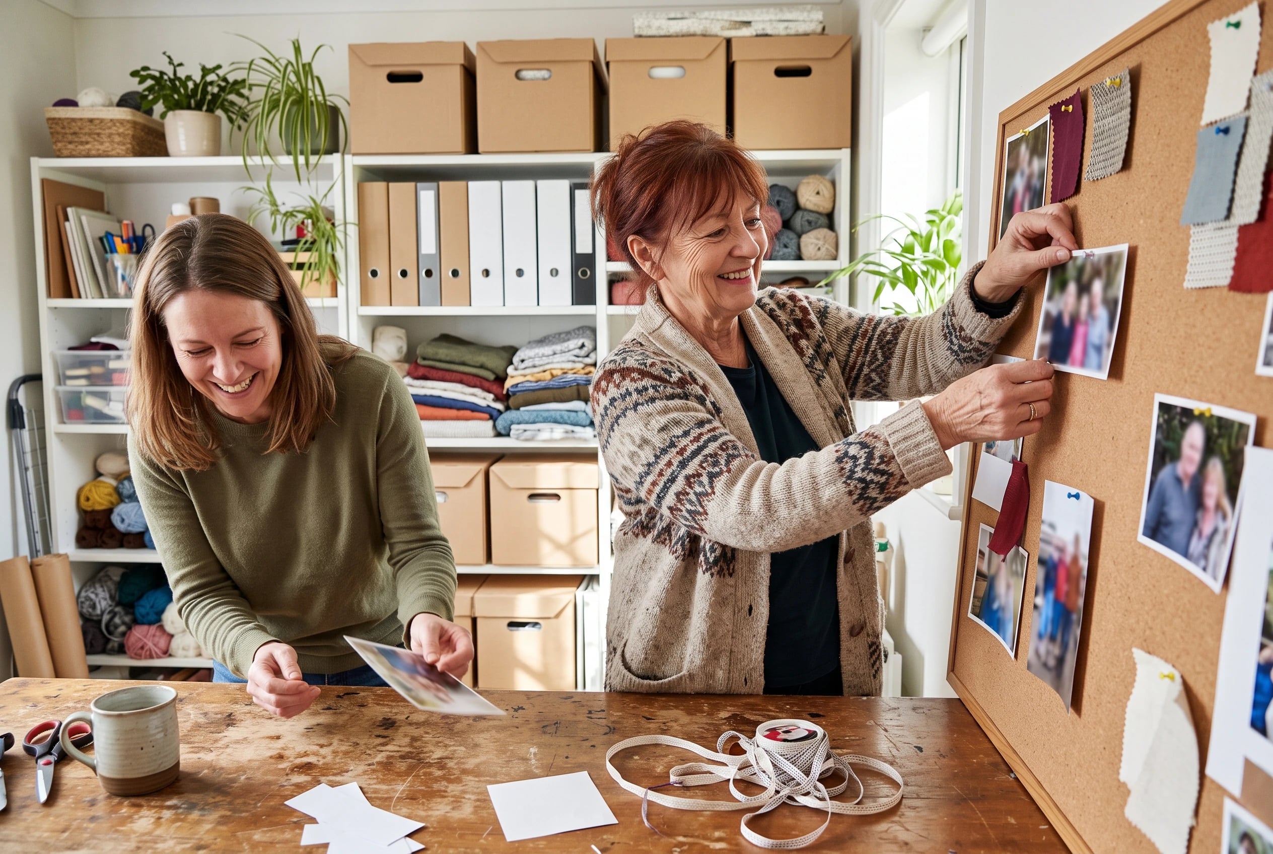 An older woman pins a photograph of friends to a corkboard in her study.