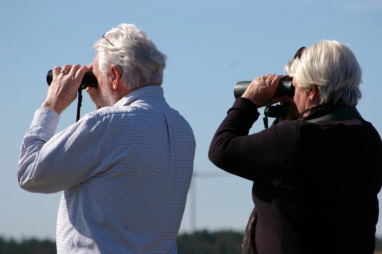 Older couple with gray hair seen from behind, both looking through binoculars under a clear blue sky