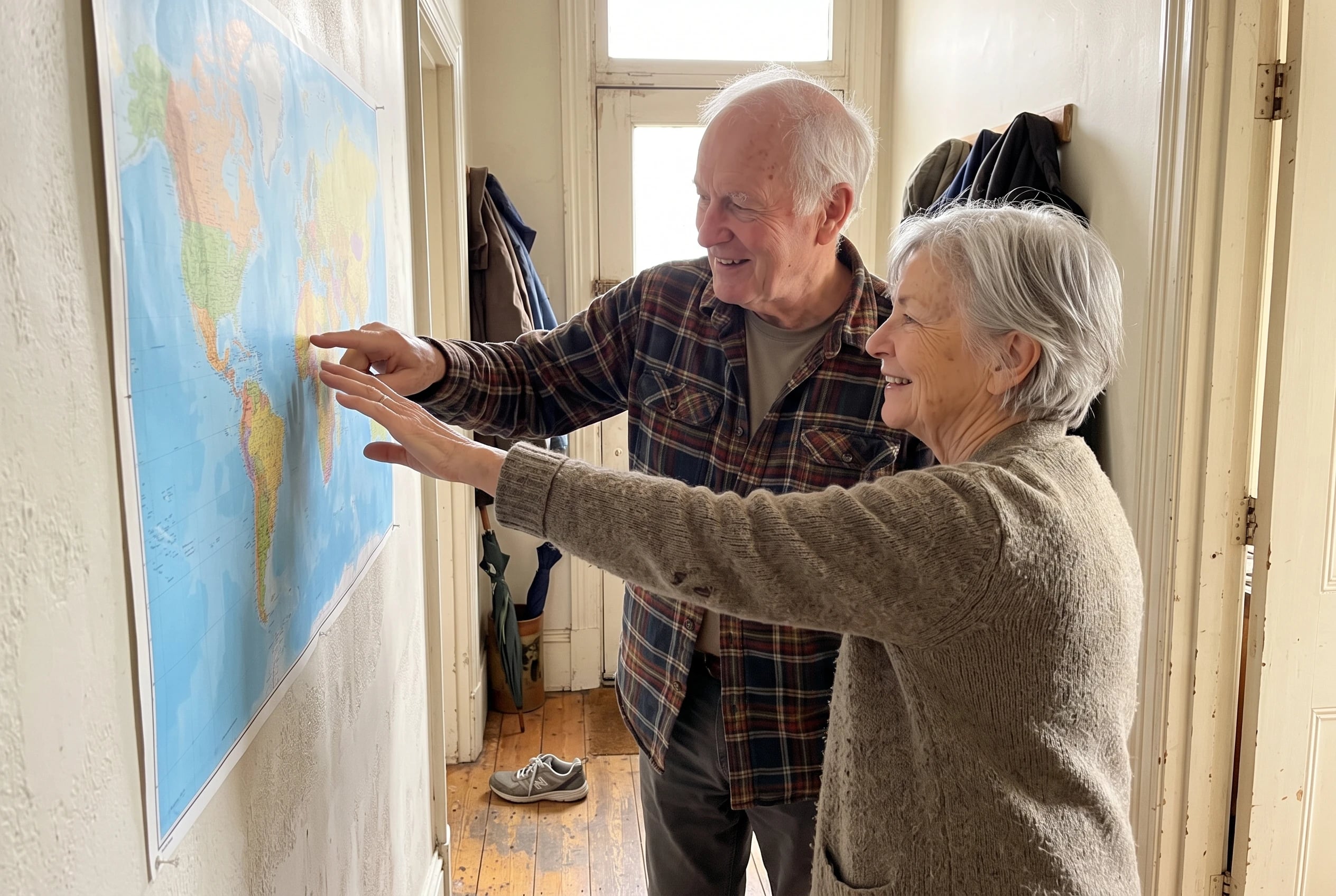 A woman and her spouse look at a wall map in their hallway.