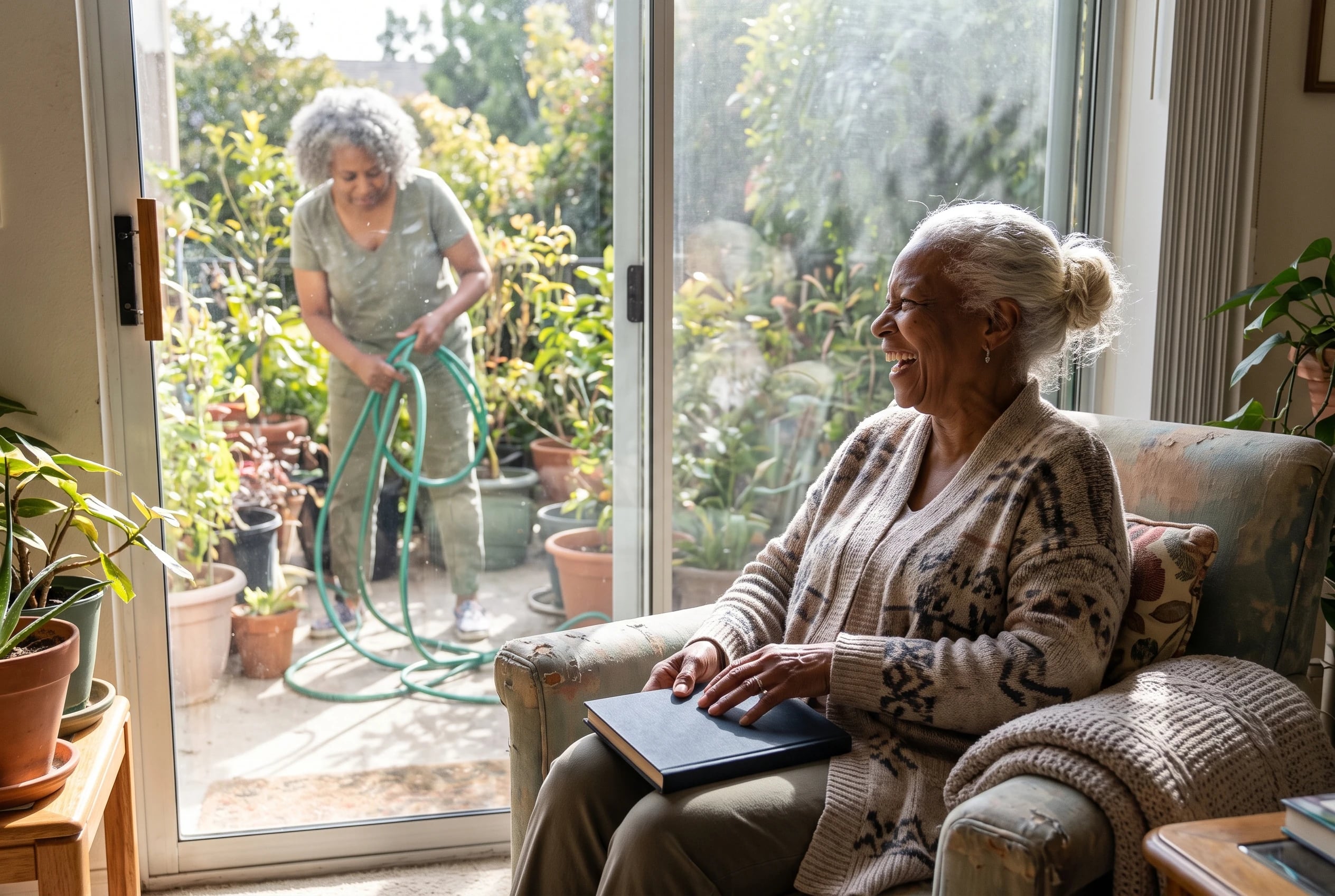 An older woman reads alone in a sunny room while her spouse gardens outside.