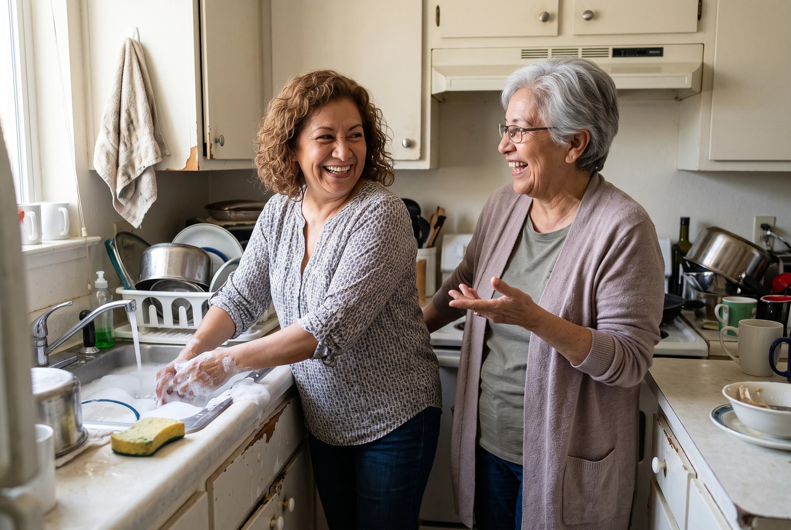 A woman talks with her spouse while washing dishes in their kitchen.