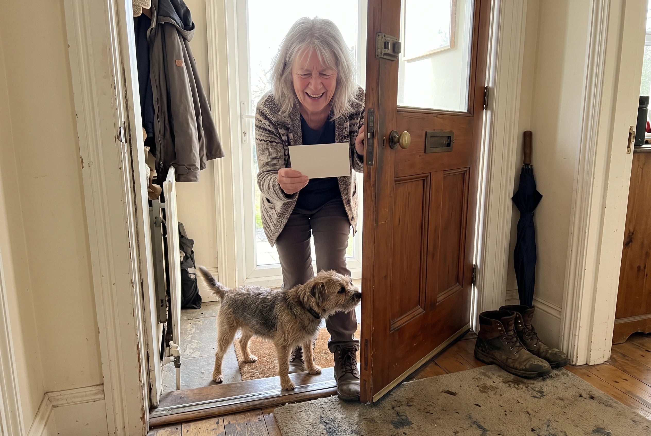 An older woman checks an appointment card while standing beside her front door.