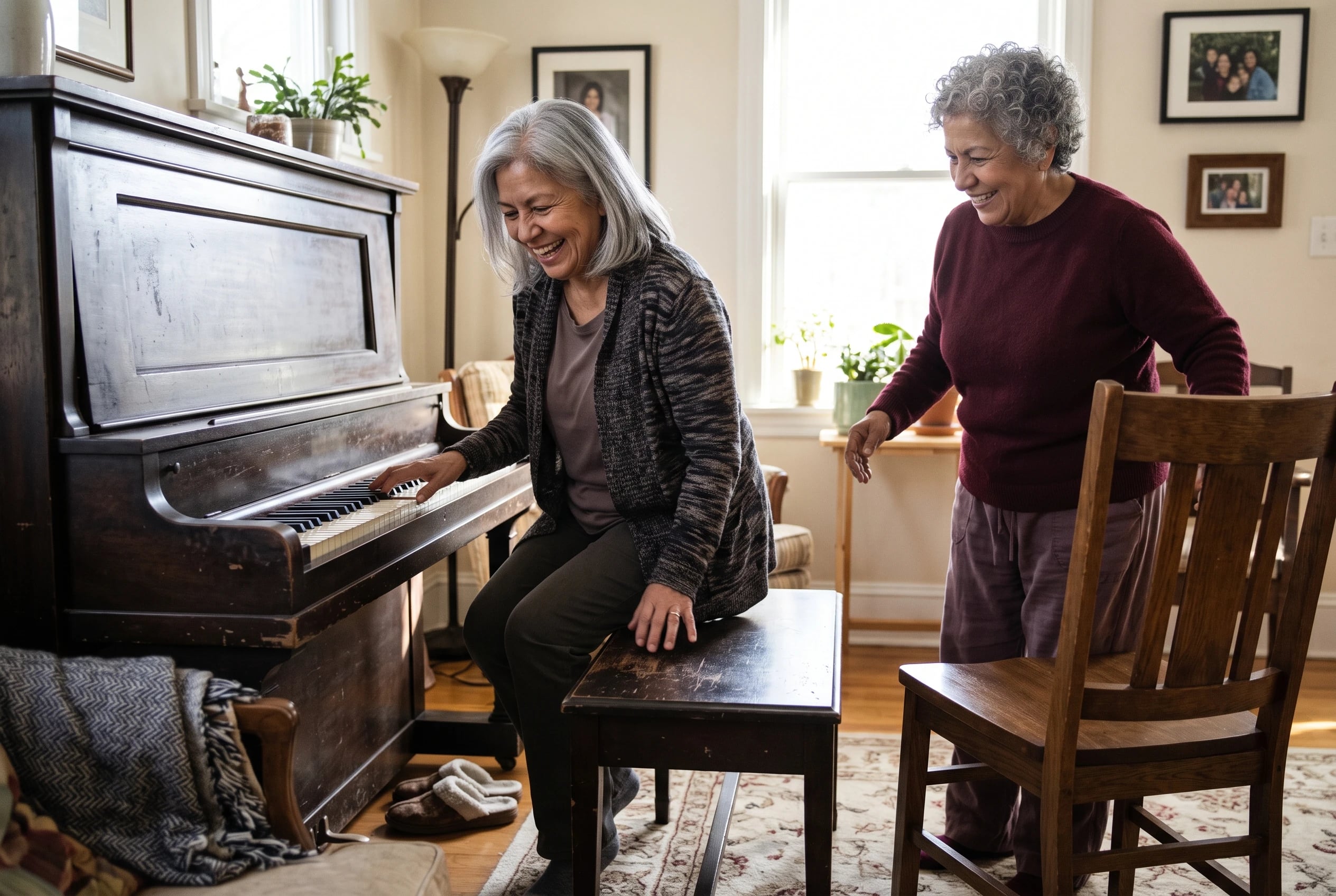 A smiling woman in her sixties with grey hair plays the wooden piano at home.