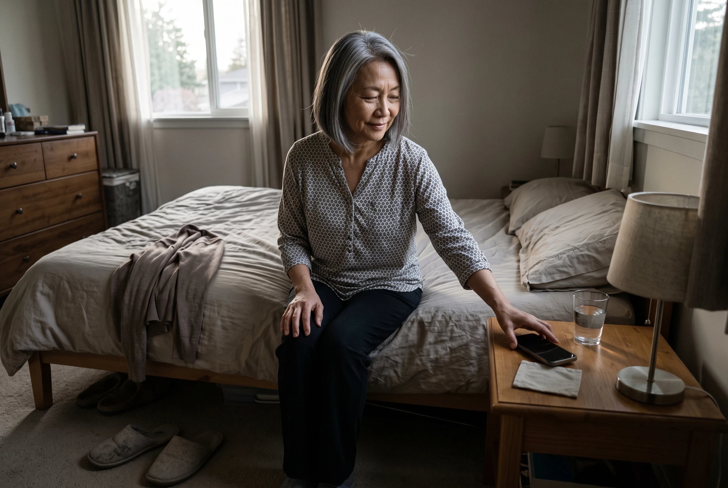 A woman in her sixties sits on a bed, reaching for her phone.