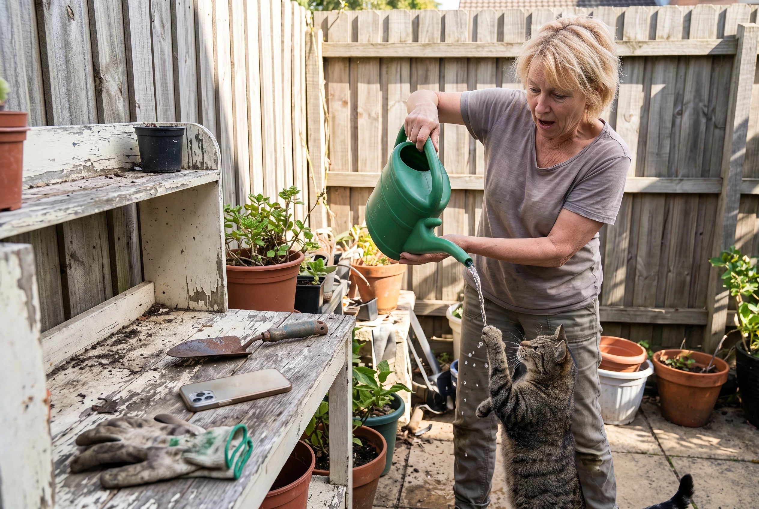 A woman in her sixties waters potted plants while her phone rests on a bench.