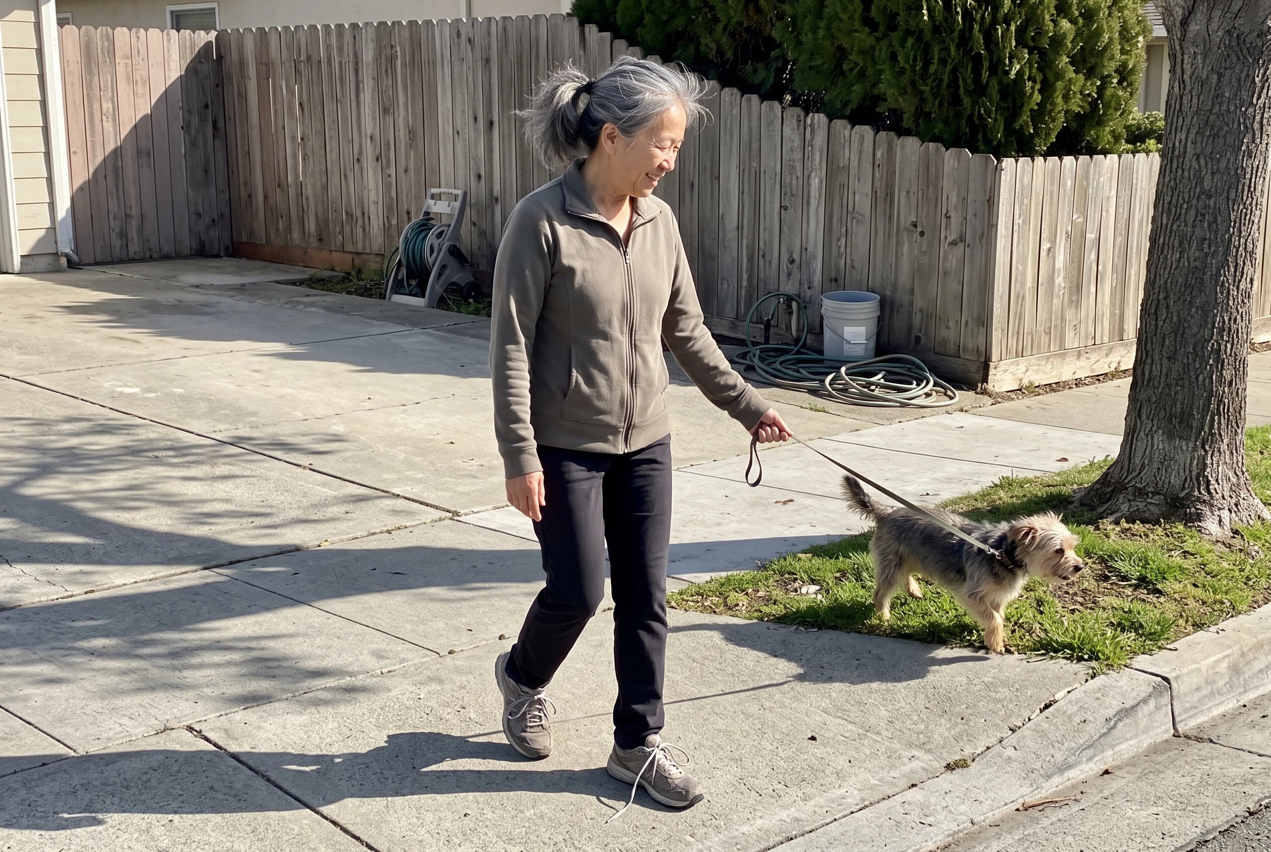 A woman in her sixties walks a small dog on a leash along a sidewalk.