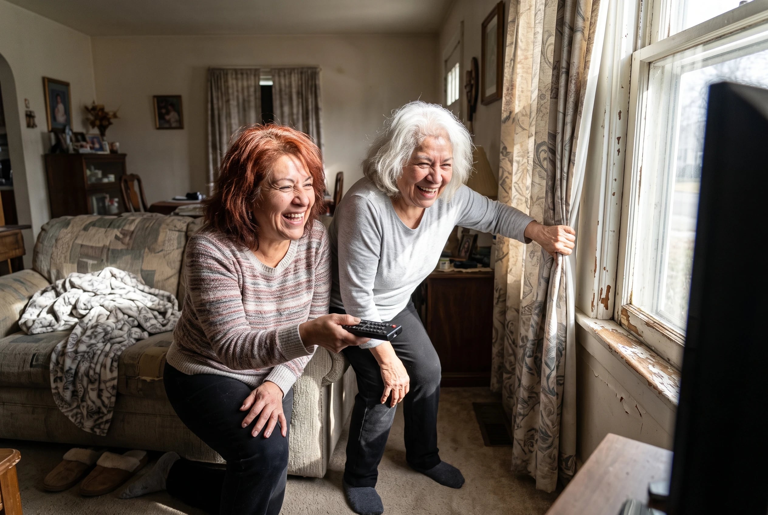 Two women in their sixties laugh as one holds a TV remote and another opens curtains.