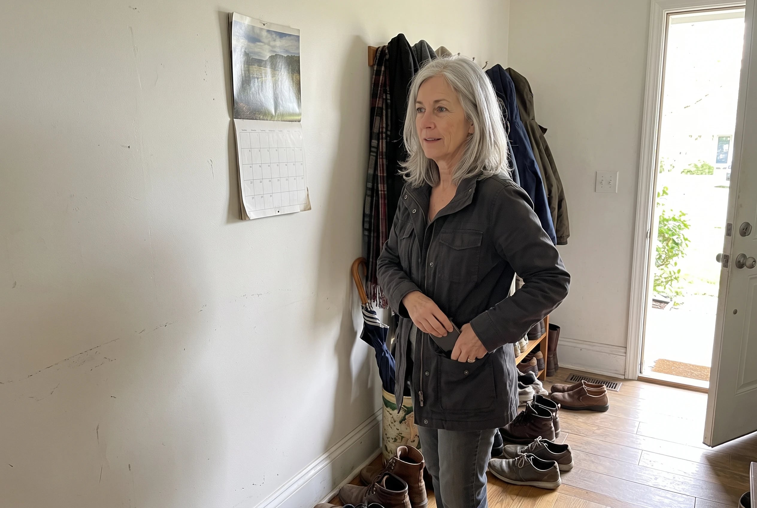 A woman in her sixties looks at a wall calendar while holding a phone.