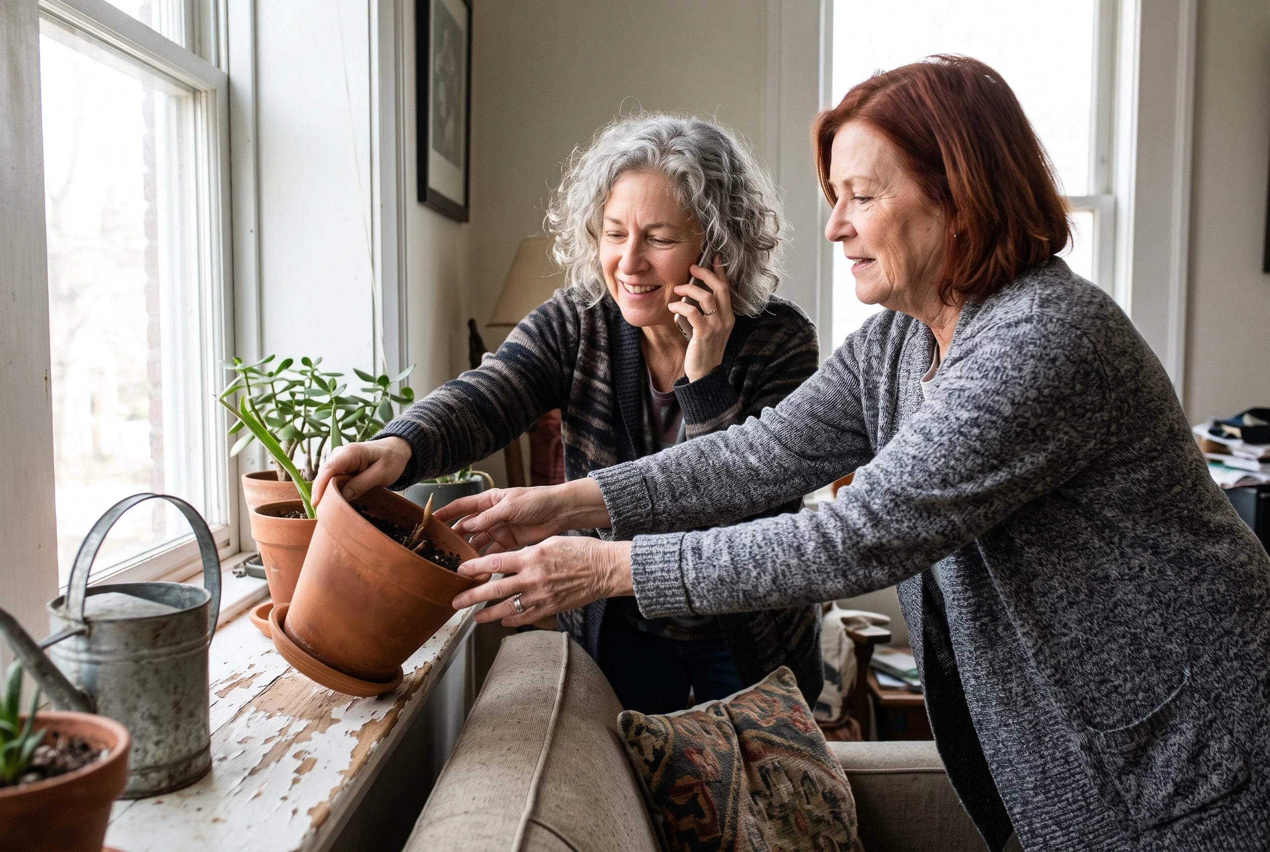 Two women in their sixties hold a terracotta plant pot together near a bright window.